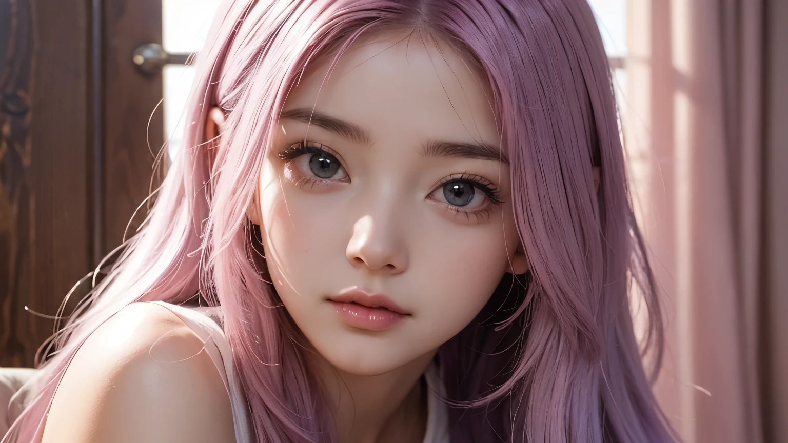A girl with long light pink soft purple hair, perfect big booba , good quality, detailed pretty cute face, cute face, sit