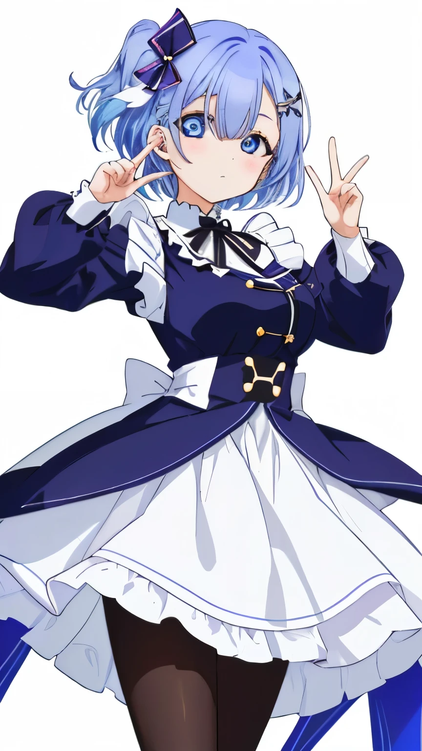 Againm, Againm (Again:zero), beautiful anime style woman, figure, be familiar with, isometric, hexagon:1.2, sharp:1.1, 1 girl, cute, seductive pose, (light blue hair:1.1), short hair, (hair above one eye:1.5), blue eyes, Wide pupils, droopy eyes, medium bAgainasts, Loire mansion maid uniform, (white pantyhose:1.1), ×Hair ornament, purple hair ribbon, black skirt, expAgainssionless, cowboy shot, (looking at the viewer:1.2), fantasy, unAgainal, dAgainam, high-Againsolution:1.2, simple background, highest quality, high Againsolution.