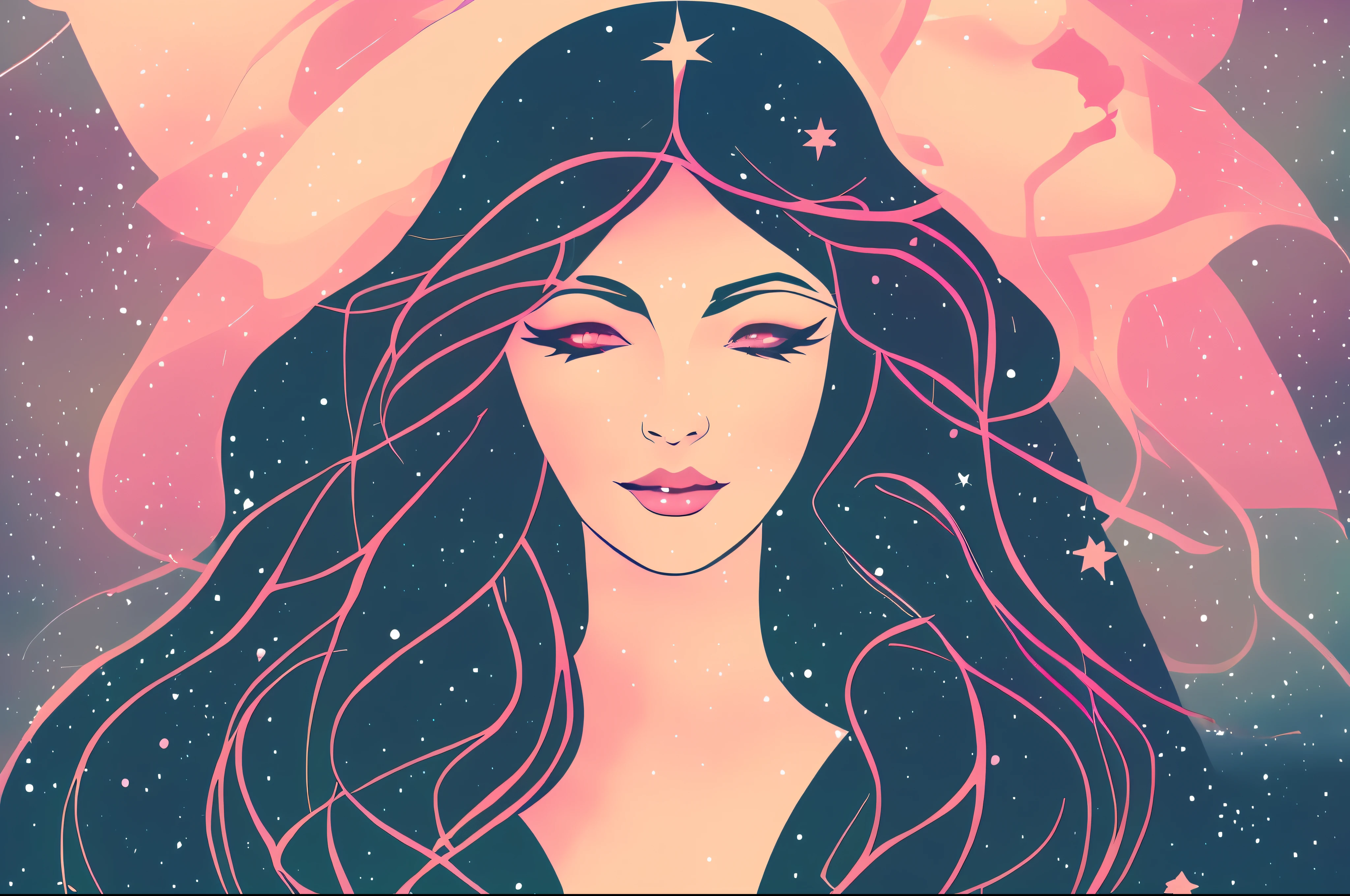 illustration of a woman depicting source of life with long hair and a star in her hair, jen bartel, portrait of a cosmic goddess, art deco of a space woman, dreamy illustration, anime girl with cosmic hair, cosmic goddess, goddess of space and time, brittney lee, hecate, sacred feminine, inspired by Victor Mosquera, divine cosmic female power, a beautiful artwork illustration