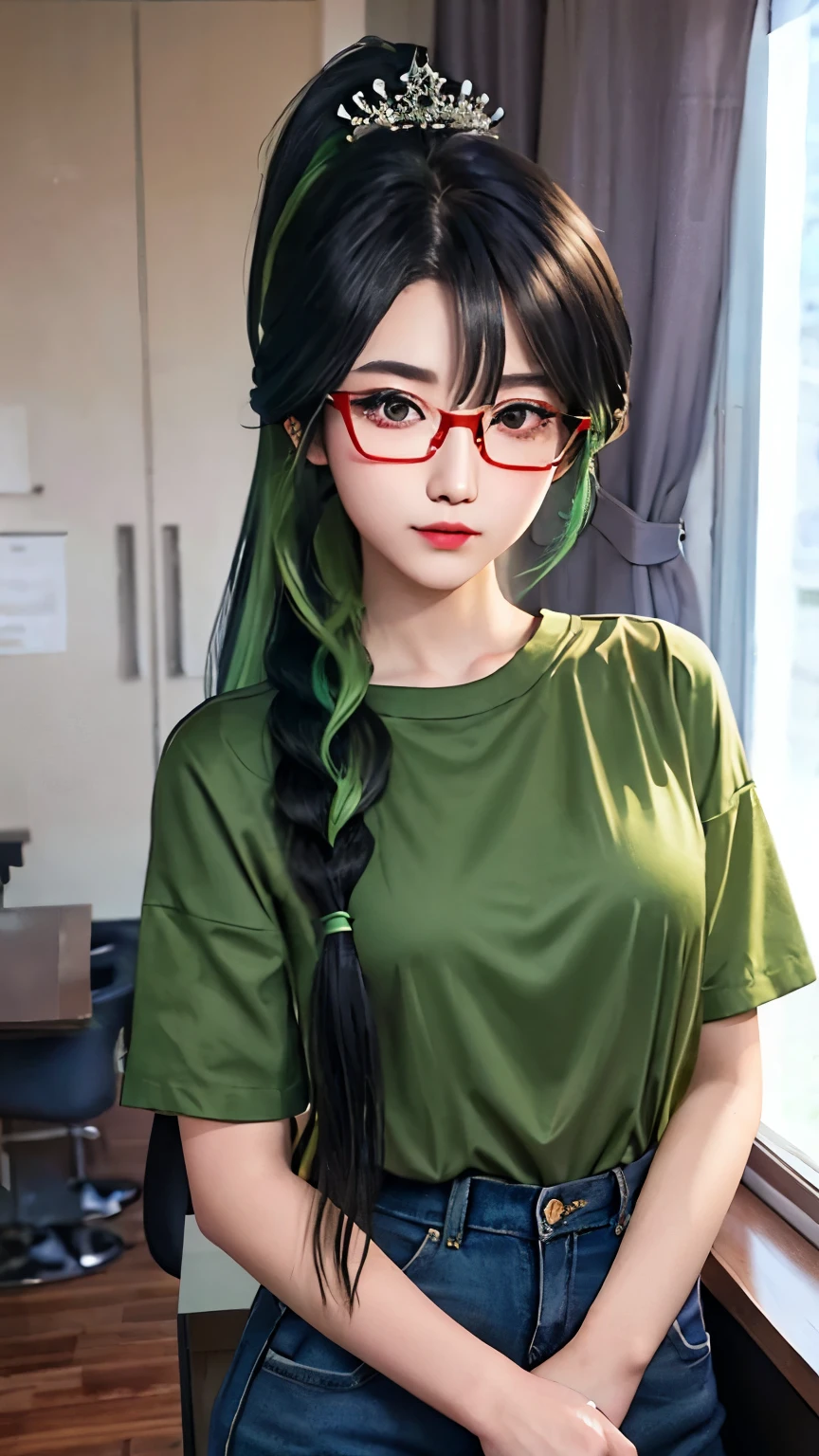 female classmate，single eyelid，，Height 167 cm，Long ponytail hairstyle，Black hair and green hair, Good-looking hair accessories, Eye color is light green,Wearing red glasses，Fine-rimmed glasses，White skin，White short sleeves，virtuous