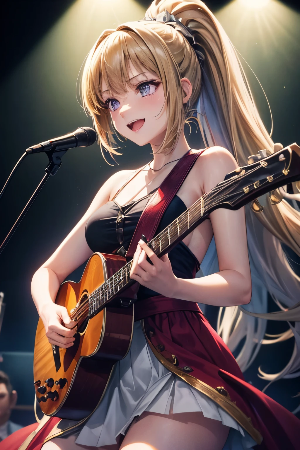 (best quality,4k,8k,highres,masterpiece:1.2),ultra-detailed,negative space:1.2,1 girl:1.4,kei karuizawa,singer,stage performance,ponytail,purple eyes,blonde hair,spotlight,vibrant colors,vintage microphone,emotional expression,ethereal setting,soft lighting,stage fog,serene atmosphere,solo performance,confident posture,mesmerizing voice,crowd applause,shadow and light contrast,dynamic composition,rich textures,vivid musical notes,energetic strumming,powerful vocals,deep emotional connection,haunting melody,captivating performance,pensive mood,poetic lyrics,transcendent experience, smiling, red idol outfit 