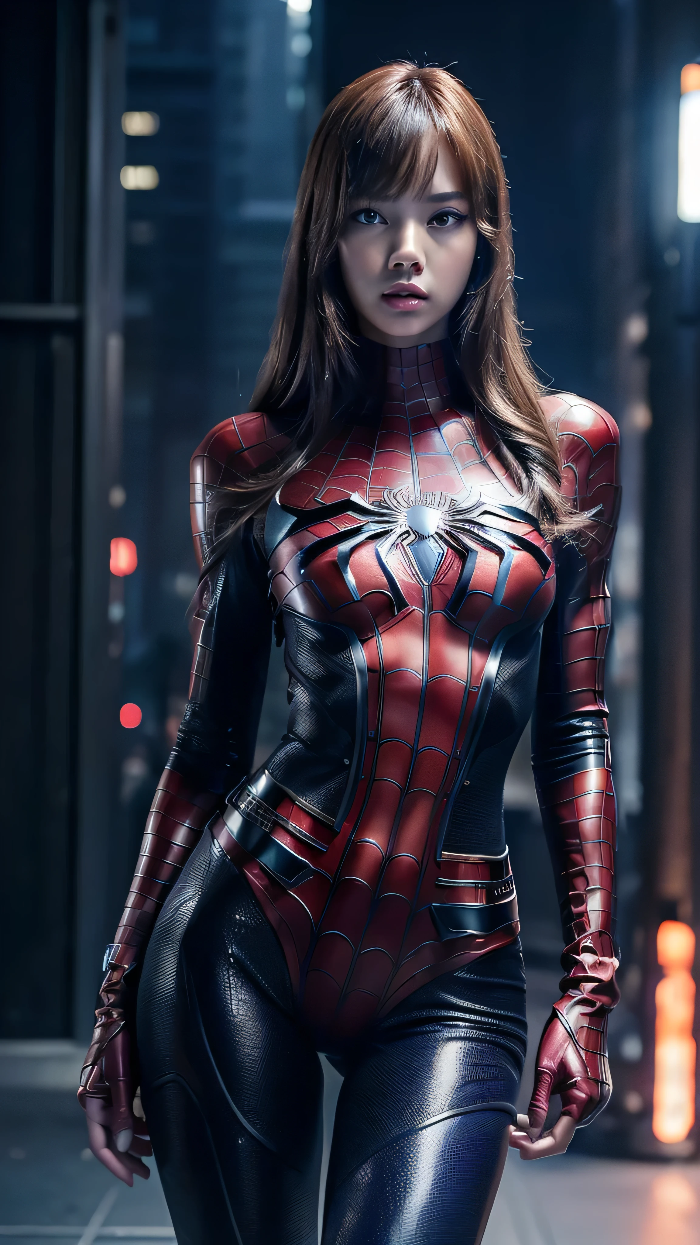 ((masterpiece, 8K, 3D, Realistic, Super Detail)), (1girl:1.3), slender 17 age, Ultra Micro photography, Super realistic, Perfect face, Beautiful features, ((Perfect female body)) Beautiful features, ( body), ((small hips)), Lisa Blackpink as spiderman ((Exposed thigh)), Exposed Skin, Front Full body Shot, full body portrait, futuristic city background
