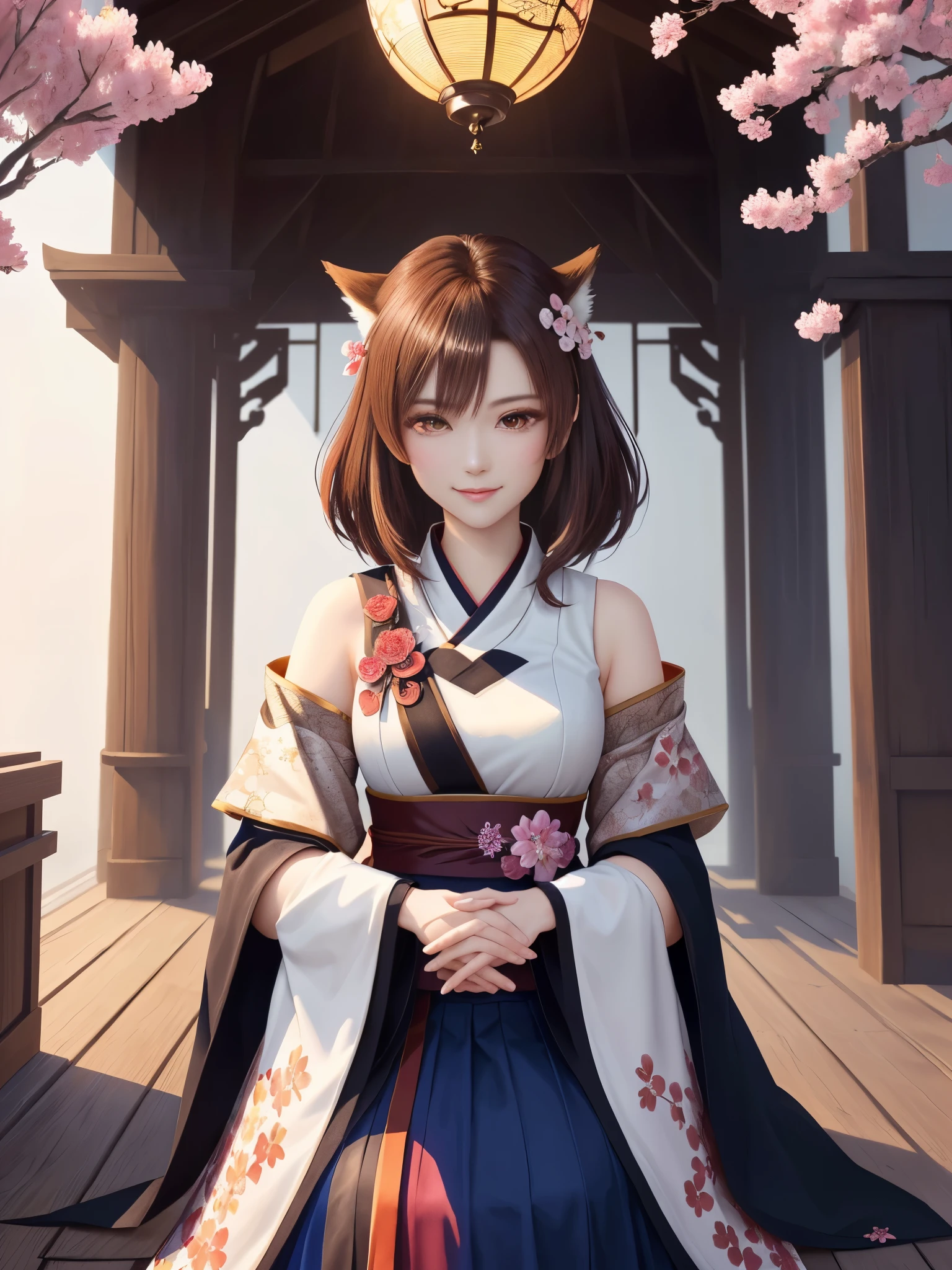 masterpiece , best quality,close up of face,smile,the whole body is facing forward,bright brown hair,slender body shape,brown eyes,sharp contrast,short hair,美しいフォルムのshort hair,just one person,precision quality,Faithfully reproduced eyes, 一面に咲くcherry blossom background,masterpiece, 幻想的なcherry blossom background,cherry blossom background,beautiful details, colorful, delicate details, delicate lips, intricate details, genuine, ultrargenuineista, 枝に座っている色とりどりの髪のFoxを持つ女の子:Mature, bright eyes, ,色とりどりのFox, raposa de nine tails, 三尾Fox, 三尾Fox, onmyoji detail art, beautiful fine art illustration, mythical creatures, Fox, beautiful digital art,shrine maiden,hold hands,exquisite digital illustration, mizutsune, Inspired by mythical wild web creatures, pixiv in digital art, shining light, high contrast, Mysterious,