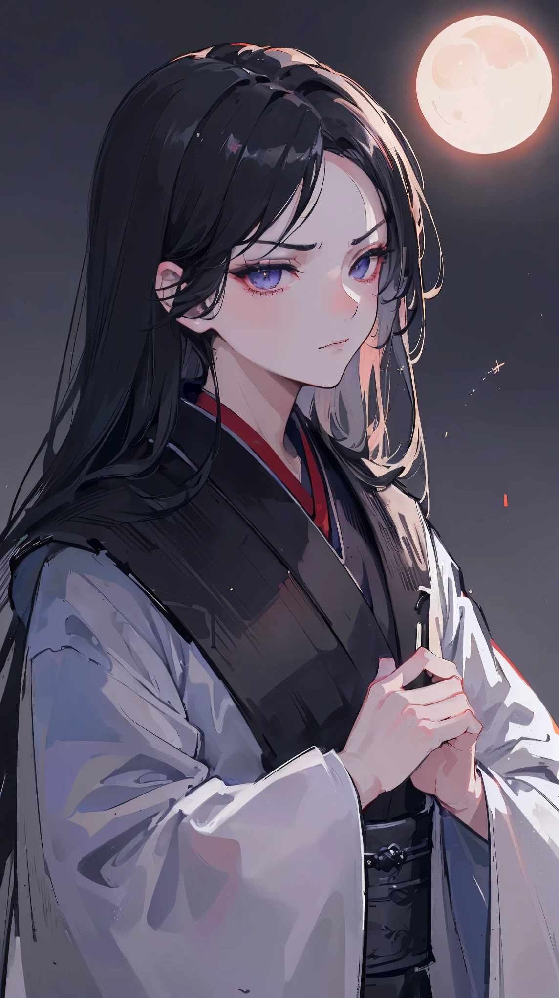 (extremely detailed 8K wallpaper),(ultra-detailed),(best quality),(masterpiece),(highly detailed),(cinematic lighting),(Original),Cold ligh，moody,((headshot)),(Chinese elaborate-style painting),1girl,solo,black hair，black robe,plain clothing and decoration，(((Eyes sparkling in the moonlight))),((villain image)),(((arrogant expression)))