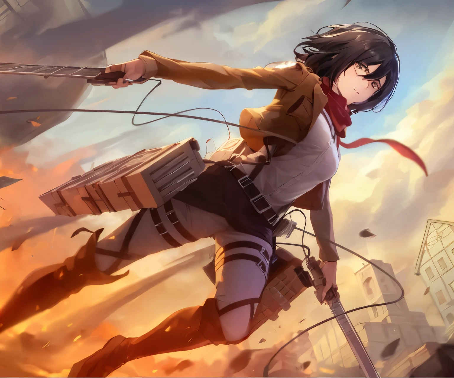 aot style, shingeki no kyojin,
mikasa ackerman,
1girl, arm strap, bangs, black hair, black pants, breasts, cowboy shot, embers, green eyes, grey background, hair between eyes, harness, long sleeves, looking at viewer, medium breasts, pants, red scarf, scarf, shirt, short hair, smoke, solo, thigh strap, brown jacket, white shirt, survey corps \(emblem\)
, ((masterpiece)), best quality
,