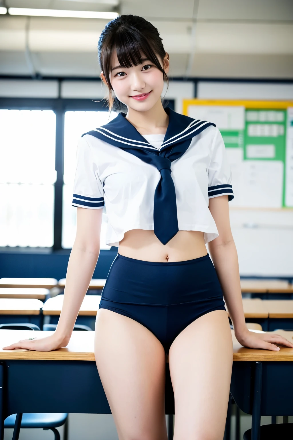 A girl standing in a school classroom,White sailor shirt and navy blue knit bikini bottom,18-year-old,bangs,a little smile,thighs,share,knees,short cut hair,ponytail,from below