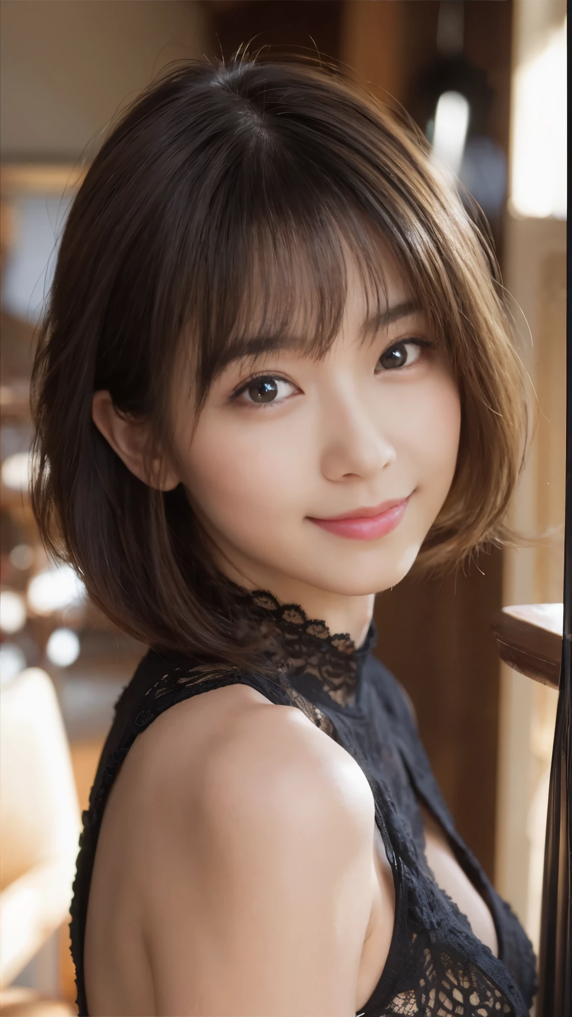 (A very cute 20 year old young woman from Japan), ((delicate hair between brown and blonde)), ((messy side wave short hair)),(((Slender and slender body type))),medium bust size、small breasts、 (((clean hands))),(curly hair),(((very kind smile))), (((she wears black lace panties))),(((she is wearing a black knitted dress))) ((top quality, 16k, table top: 1.3)), light shines on your face, highly detailed face, highly detailed lips, fine eyes,