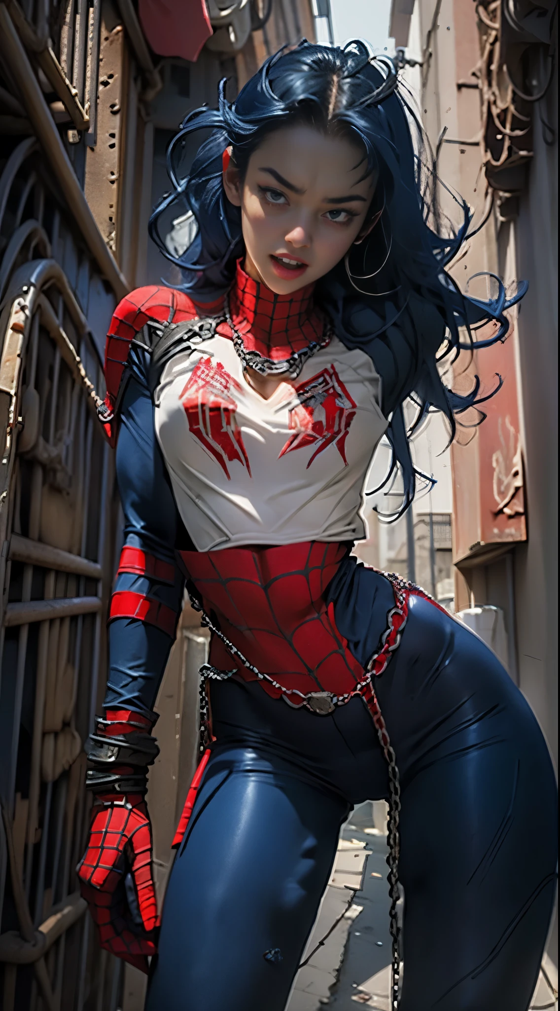 8K, Top Quality, Intricate Details, Ultra Detail, Ultra High Resolution, Masterpiece, close up shot, (full body: 1.1), Slender, Smile, (Makeup: 0.4), ((,)), (Fluffy blue Eyes: 1.21), (()), 1girl, solo, 1 girl, ((blue hair, bangs, long hair )), close up shot, , ((tall)), (((fit body))), (((slim face))), sharp face, (( )) , (detailed face), sharp face, small lips,  ((,spiderman suit)), , ((abaya,)), detailed face, detailed breast, , ((detailed nipples)), detail ass, Narrow Waist, Skinny, tall , 175 cm tall, Muscular, Navel, Exposed Abdomen, Pointed Chest,, Beautiful girl with accentuated slender abs: 1.4, Six Pack Abs: 1.4, Bust Botox, Big, Perfect Body, detail leg, (( dark background)), black background,