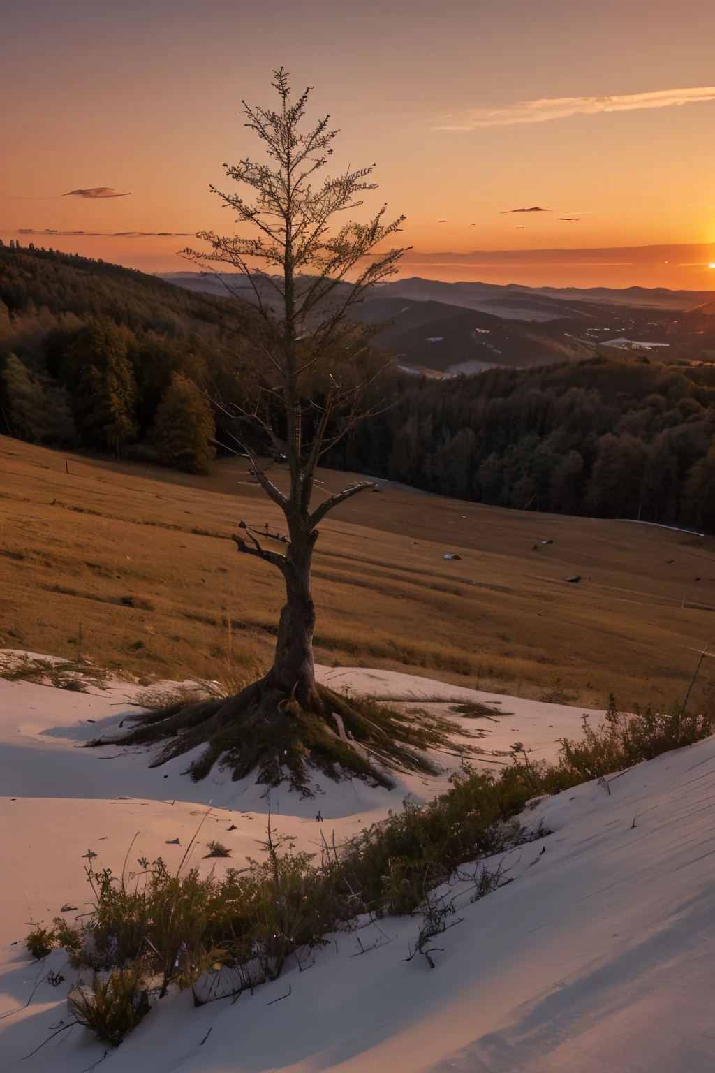 tree on the slope at sunset