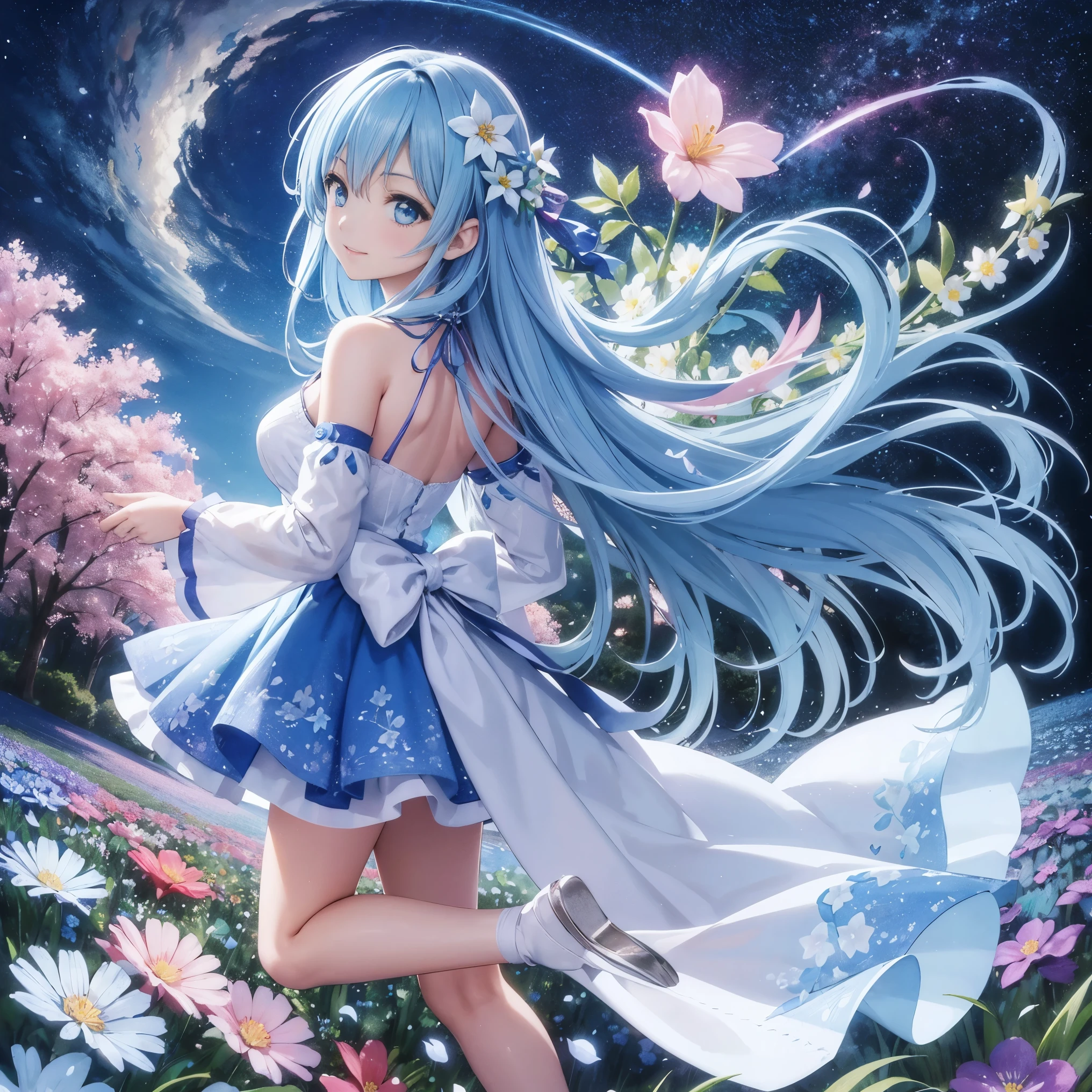 (High resolution、super detailed、nffsw、movie)、solo、1 girl、happiness、Girl Standing In Cosmos Flower Garden、Girl around the petals、charming smile、Full body Esbian、long-haired girl with blue hair、light blueの髪、facing the front、fantasy、official art、pop art、profile、highly detailed face、highly detailed eyes、Cosmos Flower Garden、Ultra Detailed Fields、White blue sky、 light blue、blanche、nebula in the sky、autumn leaves scenery、watercolor painting、pastel colour