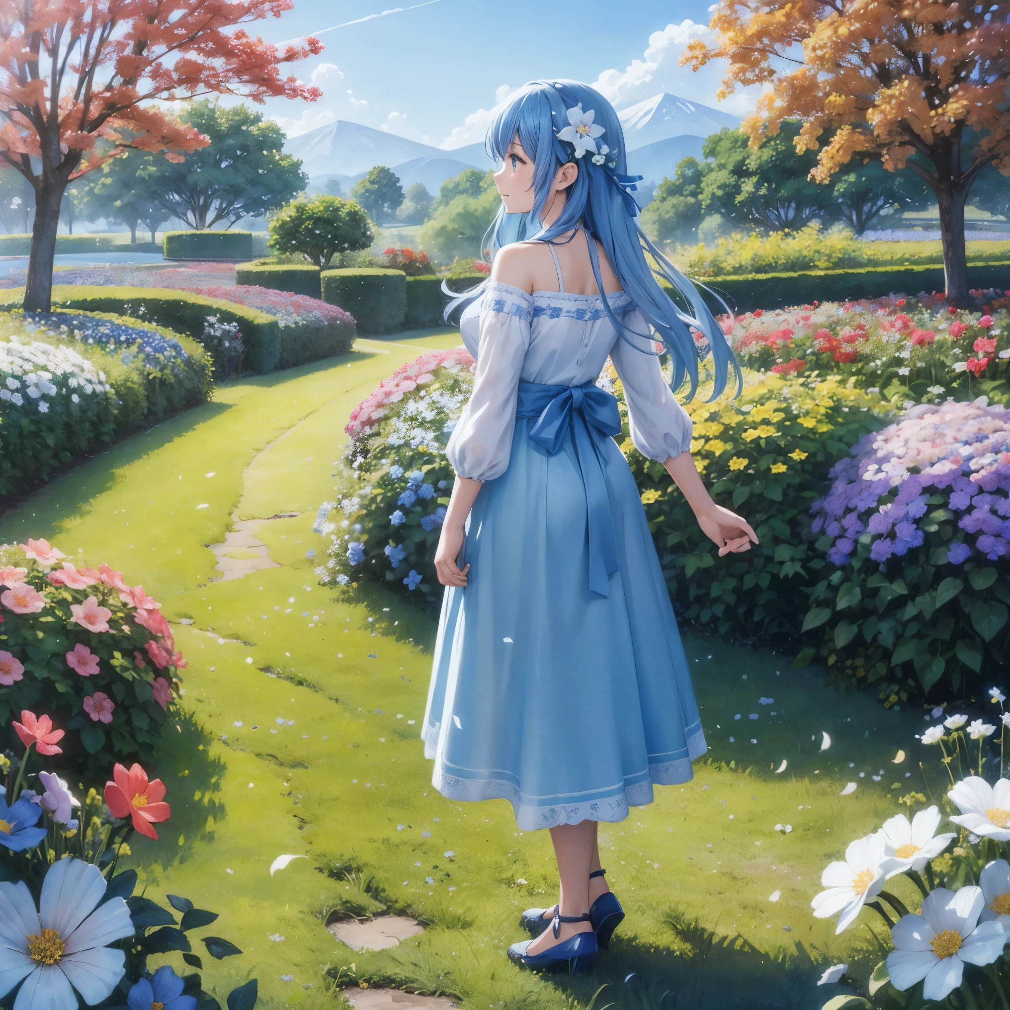 (High resolution、super detailed、nffsw、movie)、solo、1 girl、happiness、Girl Standing In Cosmos Flower Garden、Girl around the petals、charming smile、Full body Esbian、long-haired girl with blue hair、light blueの髪、facing the front、fantasy、official art、pop art、profile、highly detailed face、highly detailed eyes、Cosmos Flower Garden、Ultra Detailed Fields、White blue sky、 light blue、blanche、nebula in the sky、autumn leaves scenery、watercolor painting、pastel colour