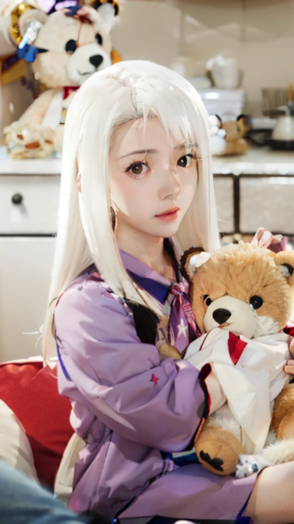 anime girl with white hair holding a teddy bear and stuffed animals, anime visual of a cute girl, anime girl named lucy, anime best girl, senko-san, still from tv anime, still from anime, today's featured anime still, screenshot from the anime film, anime style like fate/stay night, young anime girl, shikamimi