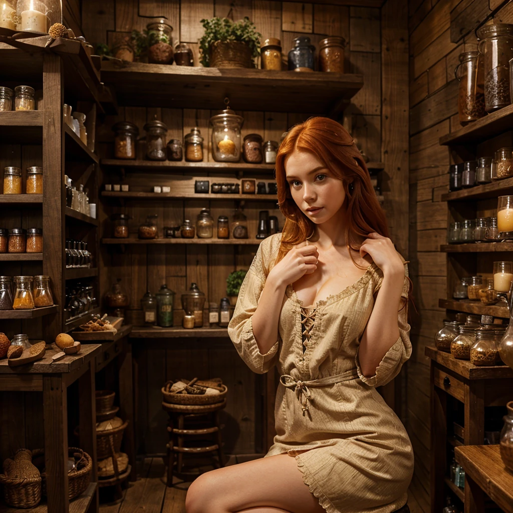beautiful ginger women in detailed dress at cozy detailed potions shop, air above hair, IPA award wining, masterpiece