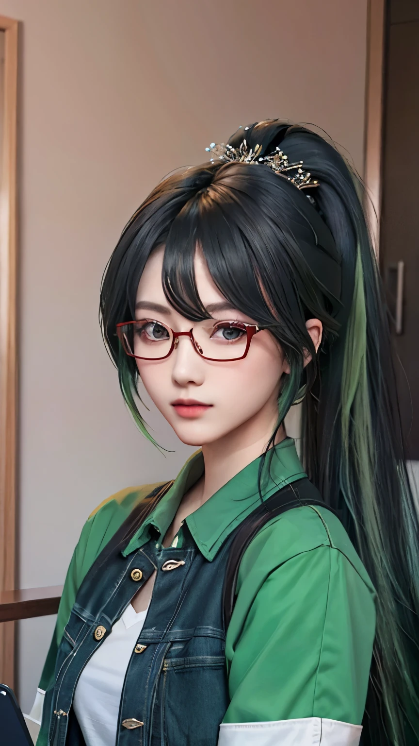 female classmate，single eyelid，14 years old，Height 168 cm，Long ponytail hairstyle，Black hair and green hair, Good-looking hair accessories, Eye color is light green,Wearing red glasses，Fine-rimmed glasses，White skin，White short sleeves，virtuous，Upper body