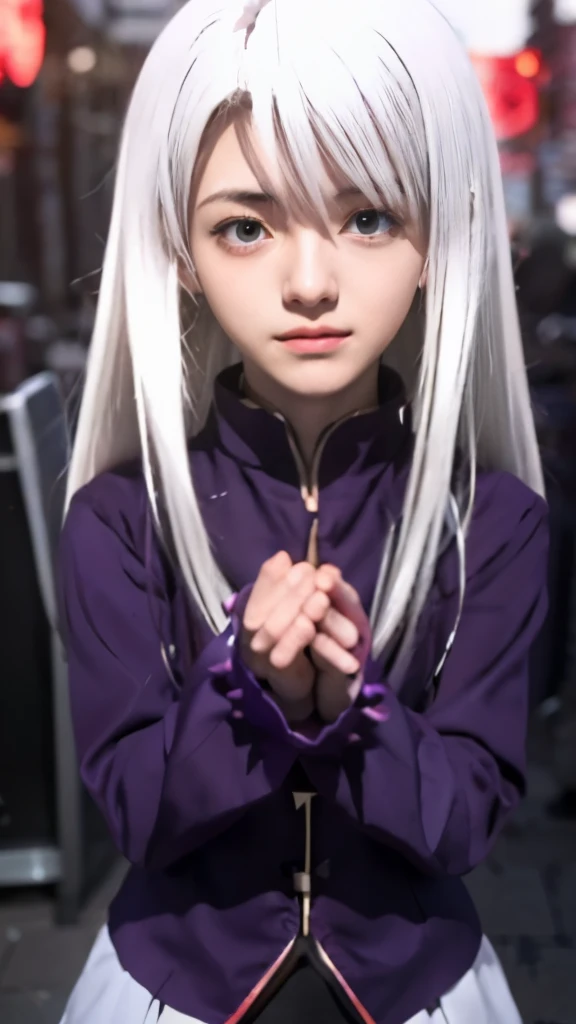 anime girl with long white hair and purple outfit standing in front of a red light, anime style like fate/stay night, gapmoe yandere grimdark, anime visual of a cute girl, portrait gapmoe yandere grimdark, anime moe artstyle, fate stay night, still from anime, fate / stay night, gothic maiden anime girl, white haired deity