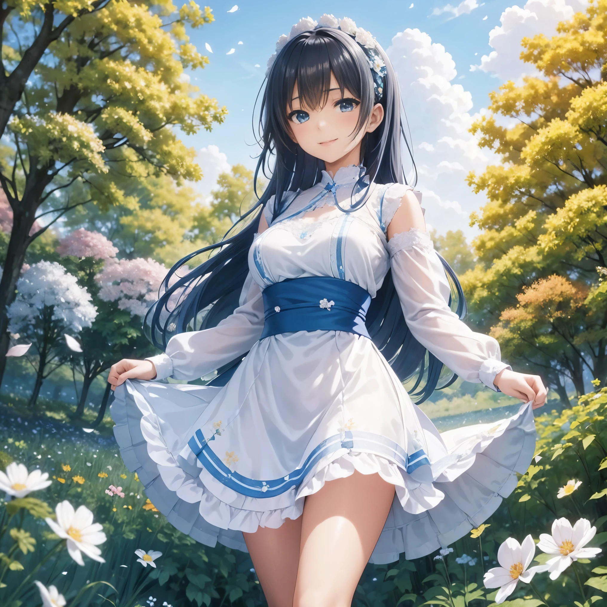 (High resolution、super detailed、nffsw、movie)、solo、1 girl、happiness、Girl Standing In Cosmos Flower Garden、Girl around the petals、charming smile、Full body Esbian、long-haired girl with blue hair、light blueの髪、facing the front、fantasy、official art、pop art、profile、highly detailed face、highly detailed eyes、Cosmos Flower Garden、Ultra Detailed Fields、White blue sky、 light blue、blanche、nebula in the sky、autumn leaves scenery、watercolor painting、pastel colour