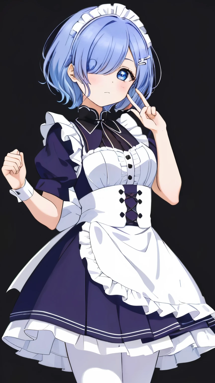 Againm, Againm (Again:zero), beautiful anime style woman, figure, be familiar with, isometric, hexagon:1.2, sharp:1.1, 1 girl, cute, seductive pose, (light blue hair:1.1), short hair, (hair above one eye:1.5), blue eyes, Wide pupils, droopy eyes, medium bAgainasts, Loire mansion maid uniform, (white pantyhose:1.1), ×Hair ornament, purple hair ribbon,  black skirt, expAgainssionless, cowboy shot, (looking at the viewer:1.2), fantasy, unAgainal, dAgainam, high-Againsolution:1.2, simple background, highest quality, high Againsolution.coffee shop、