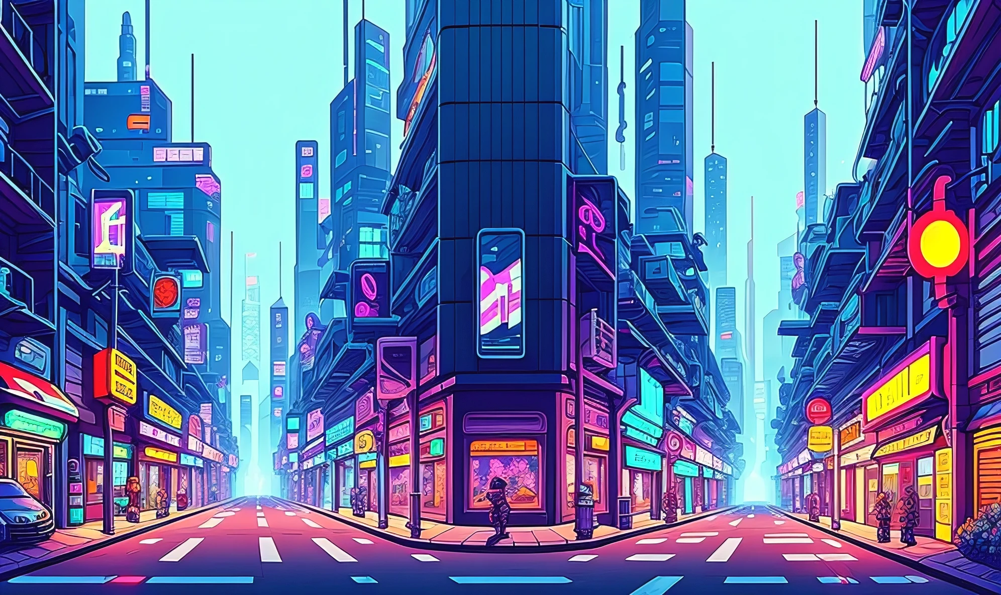 cyberpunk street, side view, 2D game style, pixel art style, cool vendors, roads and cars,