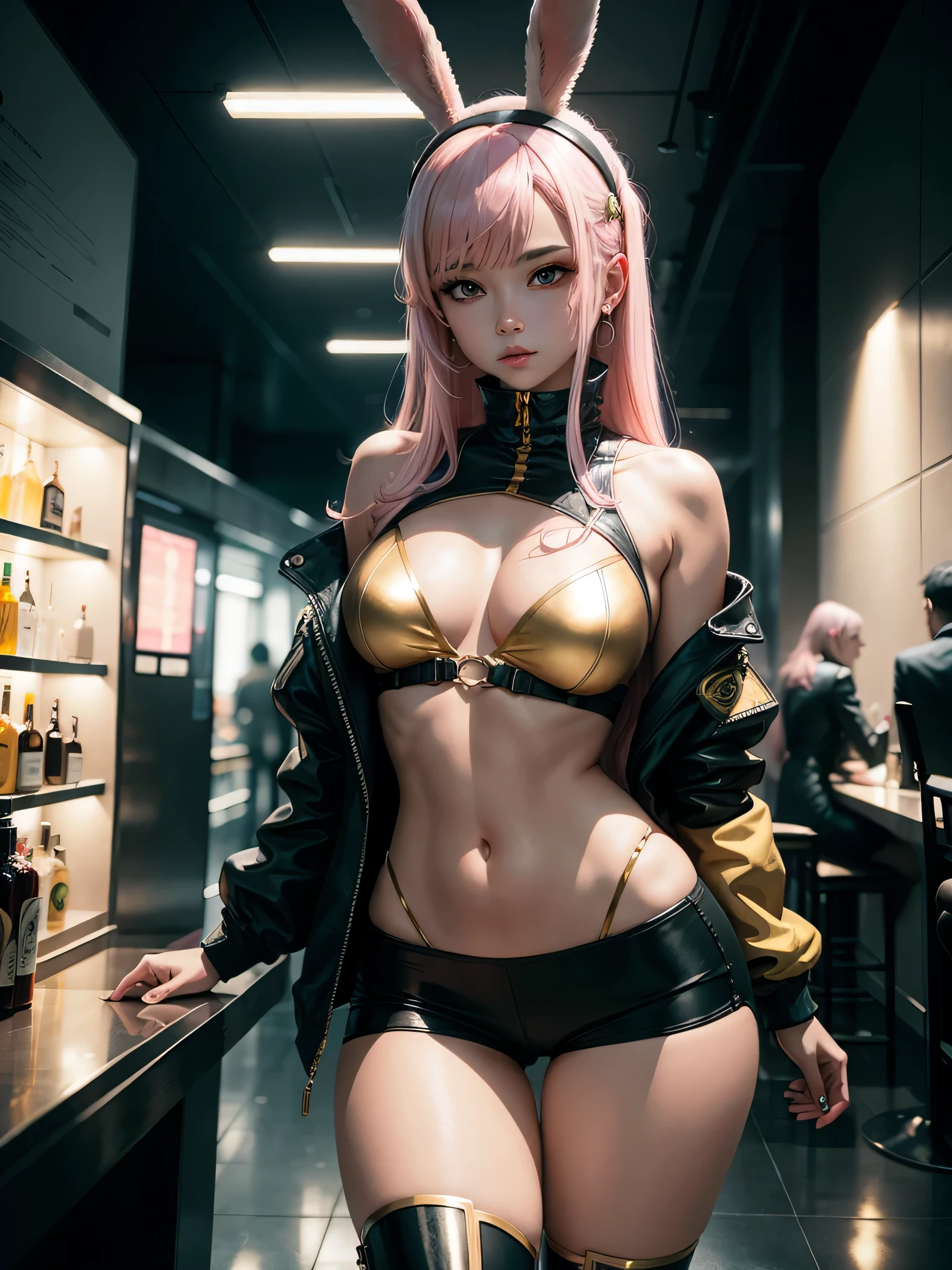 internet bar，Girl with light pink hair，golden bunny girl，light gold bikini，boots，one。one个女人的特写，Fantasy cyberpunk