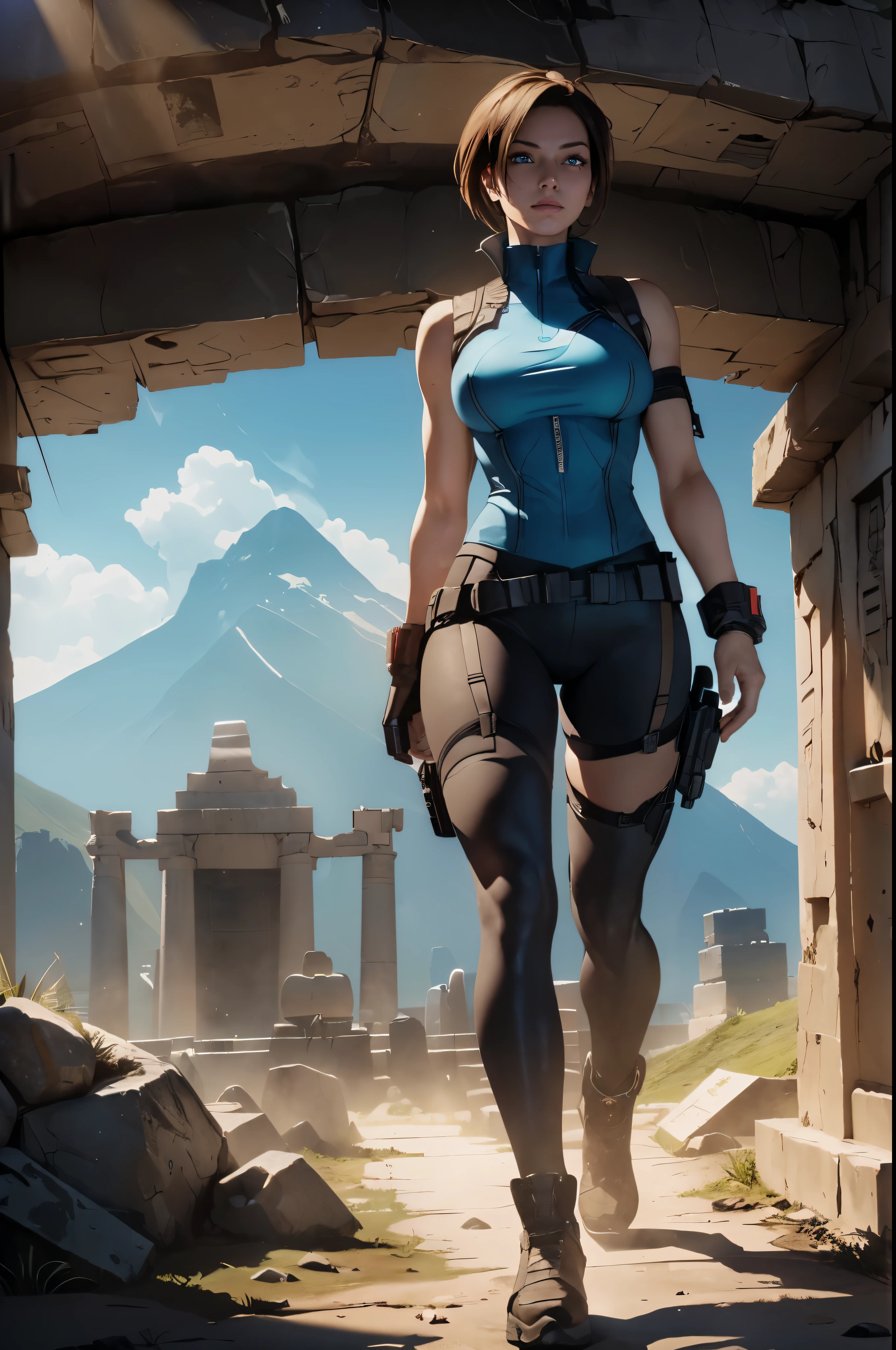 (((Ultra wide angle landscape of an ancient tomb))), A beautiful young adventurer stood in the distance., ((Wear Jill Valentine's outfit))