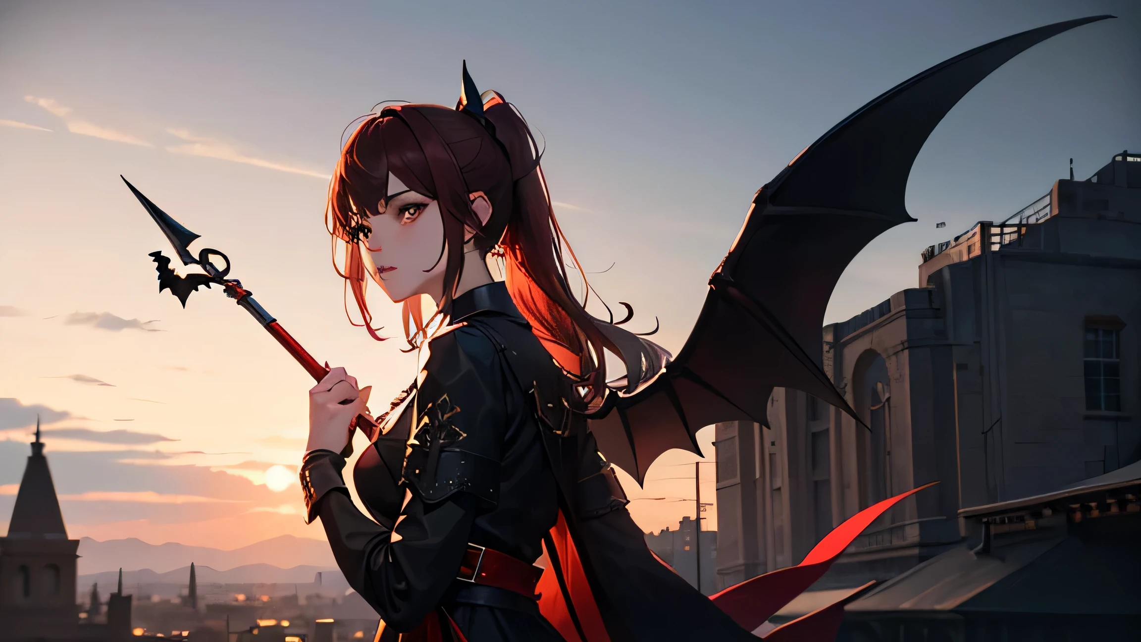 girl，{slight}，{mage}，Black and red dress、Black stockings and black boots，dark red hair，red pupils，{ponytail}，There are bat-like wings on the back，{Holding a black staff in his hand}，{Holding a black staff in his hand}，{Holding a black staff in his hand},illustration,high quality,Super detailed,photoactual,Warm colors,soft light，(best quality,4k,8k,high resolution,masterpiece:1.2), Super detailed, (actual,photoactual,photo-actual:1.37)