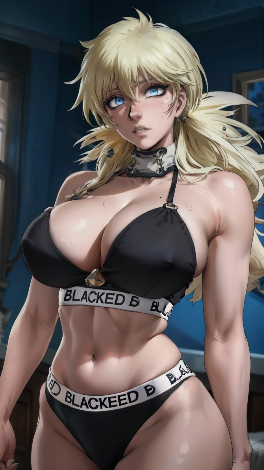 (masterpiece, highest quality, best quality, official art, beautiful and aesthetic: 1.2), (1girl), extremely detailed, (fractal art: 1.3), colorful, highest detailed, perfect face, upper body, HDR, ), vivid visual effects, (dynamic stripes, luminous traces: 1.2), long blonde hair, hellsing, integra, breast focus, breasts, large breasts, bare breasts, naked, nude, boob window, sexy, wide hips, thicc figure, Detailed blue eyes, Detailed face, Detailed eyes, BLACKED, BLACKED UNDERWEAR, BLACKED PORNO