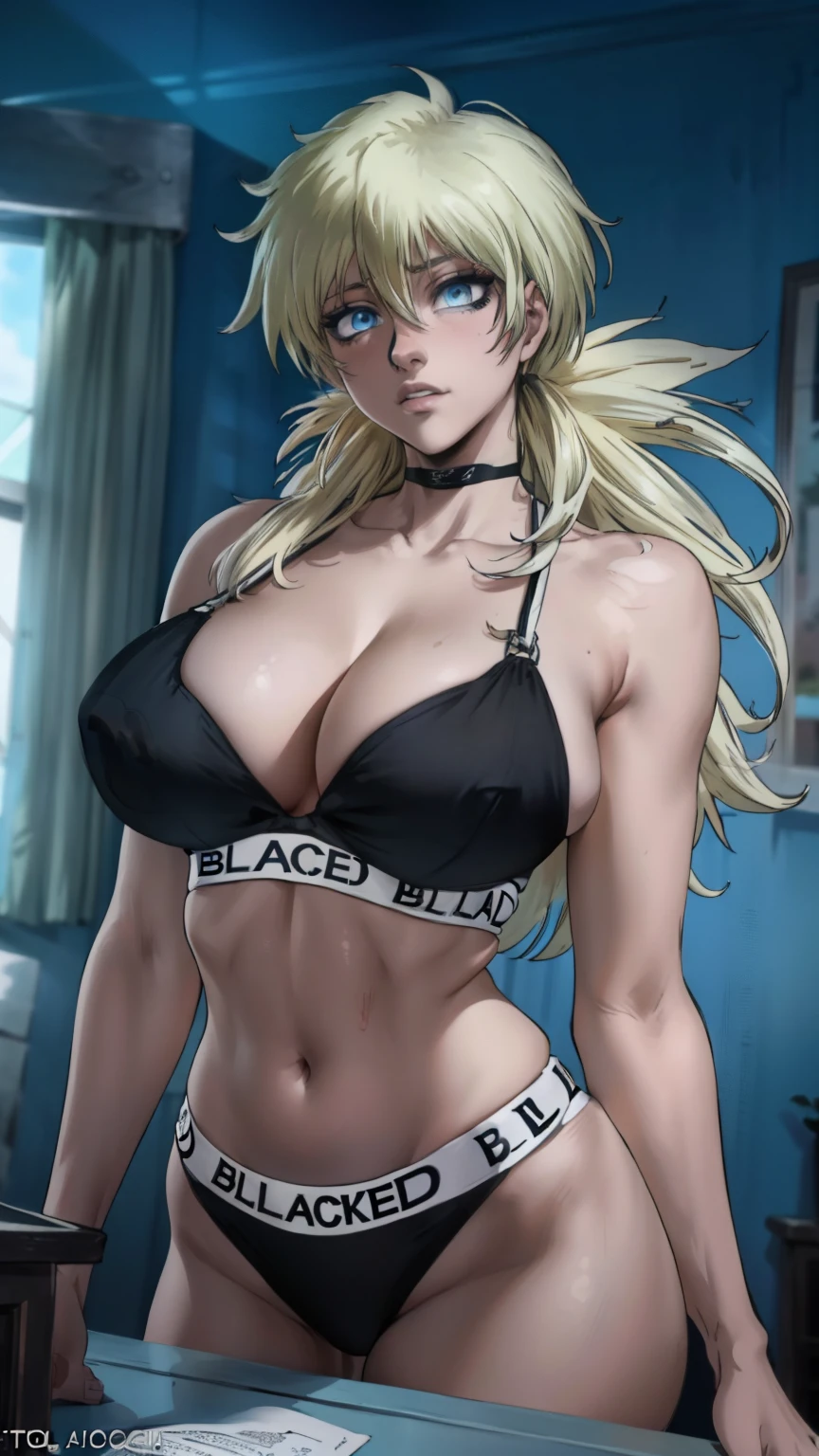 (masterpiece, highest quality, best quality, official art, beautiful and aesthetic: 1.2), (1girl), extremely detailed, (fractal art: 1.3), colorful, highest detailed, perfect face, upper body, HDR, ), vivid visual effects, (dynamic stripes, luminous traces: 1.2), long blonde hair, hellsing, integra, breast focus, breasts, large breasts, bare breasts, naked, nude, boob window, sexy, wide hips, thicc figure, Detailed blue eyes, Detailed face, Detailed eyes, BLACKED, BLACKED UNDERWEAR, BLACKED PORNO