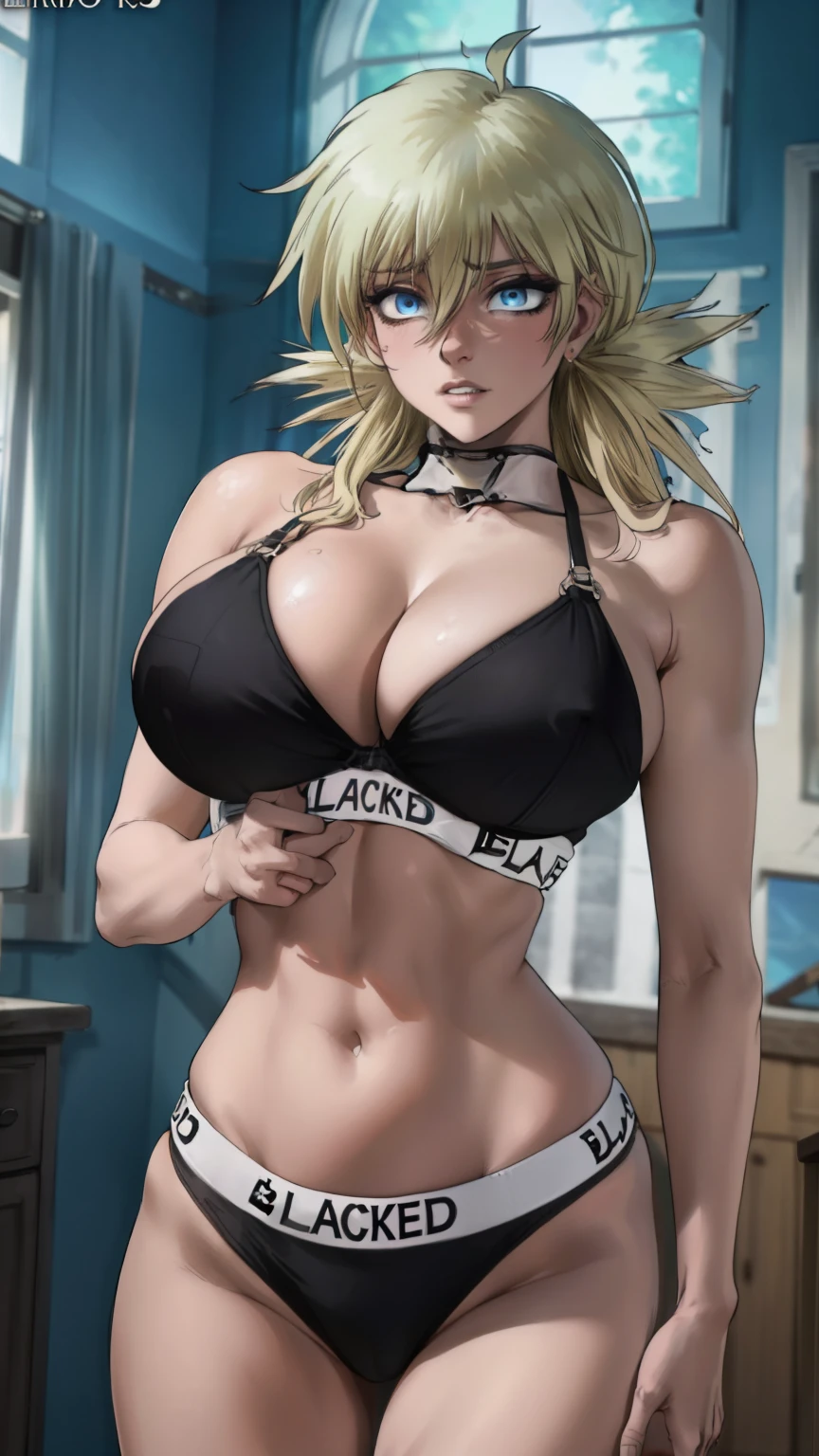 (masterpiece, highest quality, best quality, official art, beautiful and aesthetic: 1.2), (1girl), extremely detailed, (fractal art: 1.3), colorful, highest detailed, perfect face, upper body, HDR, ), vivid visual effects, (dynamic stripes, luminous traces: 1.2), long blonde hair, hellsing, integra, breast focus, breasts, large breasts, bare breasts, naked, nude, boob window, sexy, wide hips, thicc figure, Detailed blue eyes, Detailed face, Detailed eyes, BLACKED, BLACKED UNDERWEAR, BLACKED PORNO