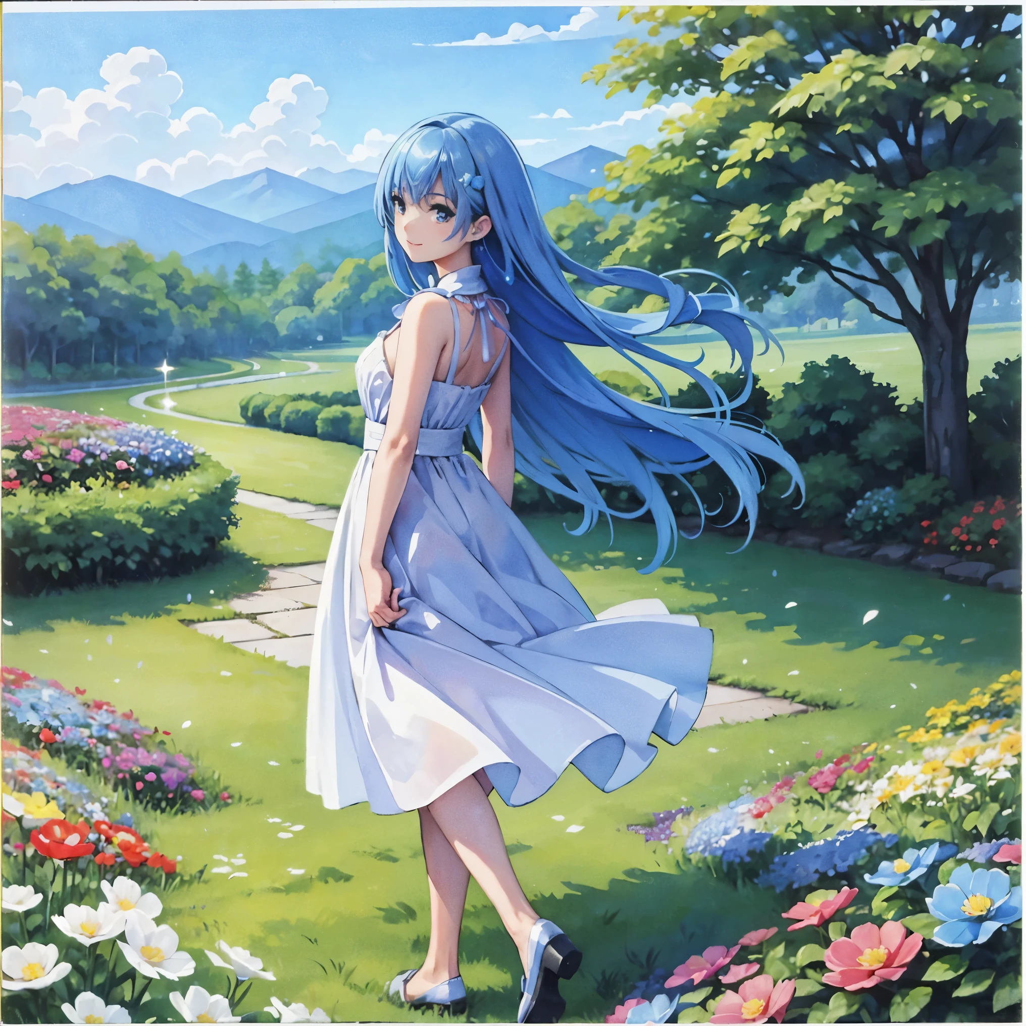 (High resolution、super detailed、nffsw、movie)、solo、1 girl、happiness、Girl Standing In Cosmos Flower Garden、Girl around the petals、charming smile、Full body Esbian、long-haired girl with blue hair、light blueの髪、facing the front、fantasy、official art、pop art、profile、highly detailed face、highly detailed eyes、Cosmos Flower Garden、Ultra Detailed Fields、White blue sky、 light blue、blanche、nebula in the sky、autumn leaves scenery、watercolor painting、pastel colour