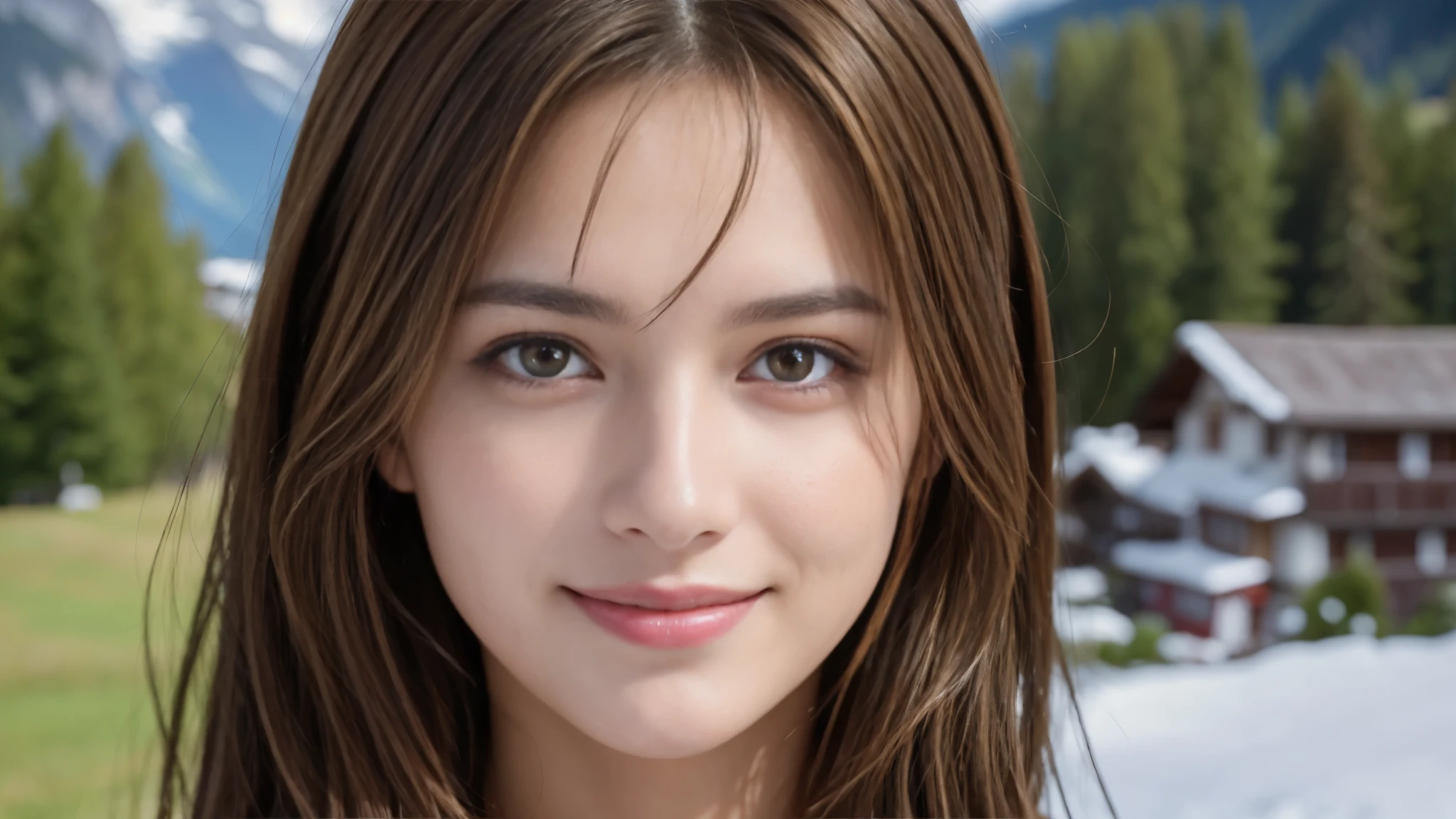 masterpiece, Best Quality, Photorealistic, Ultra-detailed, finely detailed, High resolution, 8K Wallpaper, 1 beautiful woman, light brown hair, foco nítido, Perfect dynamic composition, Beautiful detailed eyes, detailed hairs, Detailed realistic skin texture, Smiling, portrait, Model body type, The background is the village of Grindelwald, Switzerland,