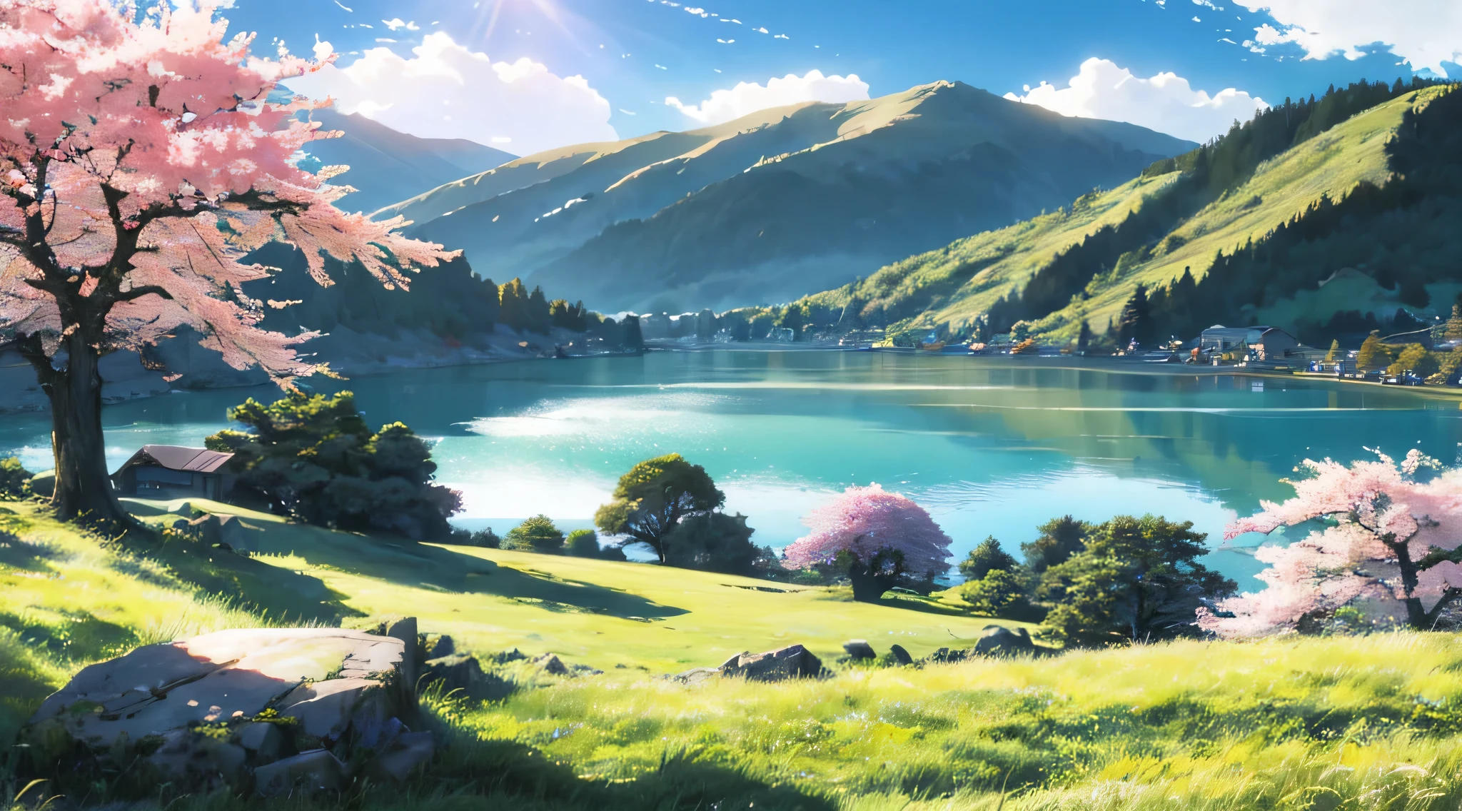 Anime scenery of a lake with a mountain in the background - SeaArt AI