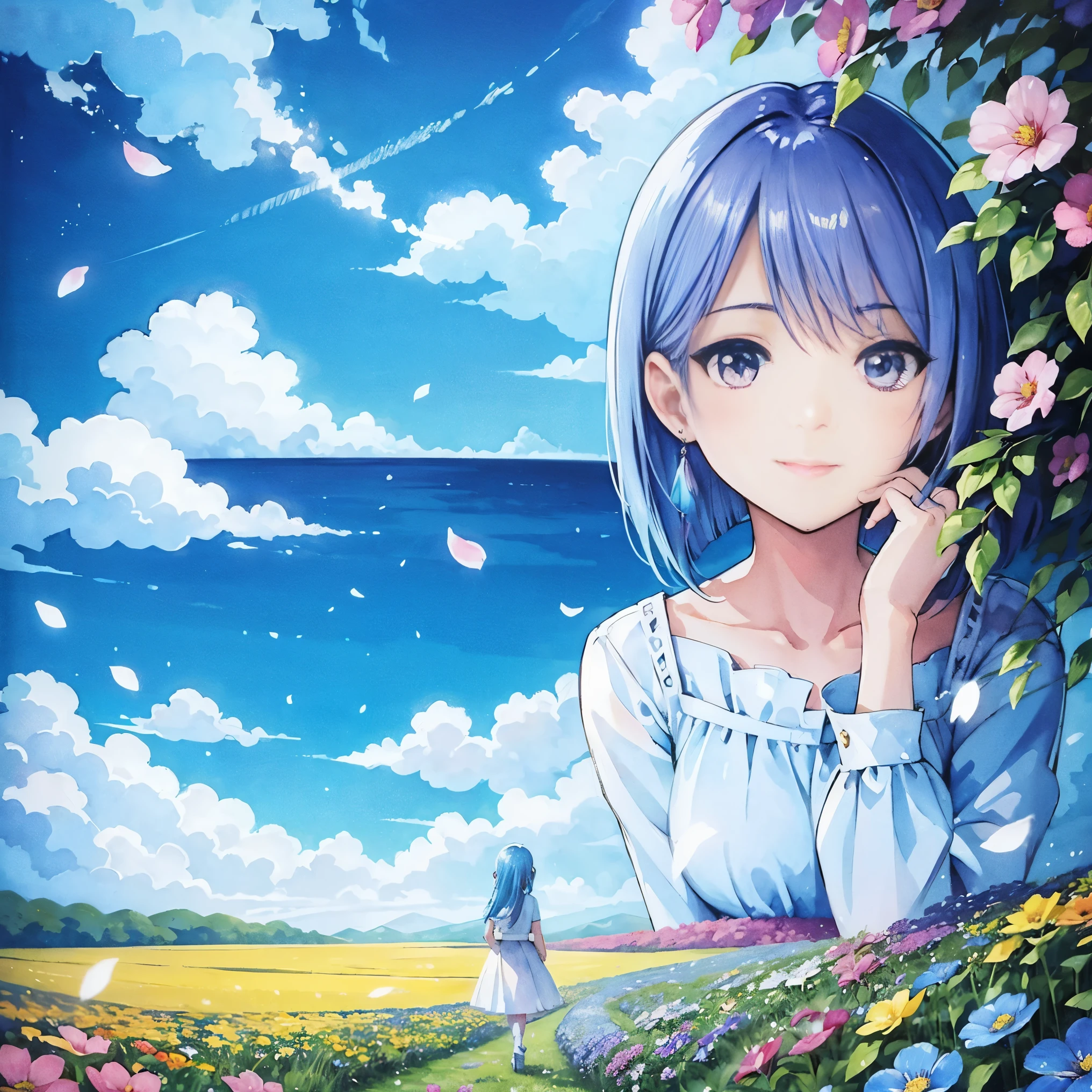 (High resolution、super detailed、nffsw、movie)、solo、1 girl、happiness、Girl Standing In Cosmos Flower Garden、Girl around the petals、charming smile、Full body Esbian、long-haired girl with blue hair、light blueの髪、facing the front、fantasy、official art、pop art、profile、highly detailed face、highly detailed eyes、Cosmos Flower Garden、Ultra Detailed Fields、White blue sky、 light blue、blanche、nebula in the sky、autumn leaves scenery、watercolor painting、pastel colour