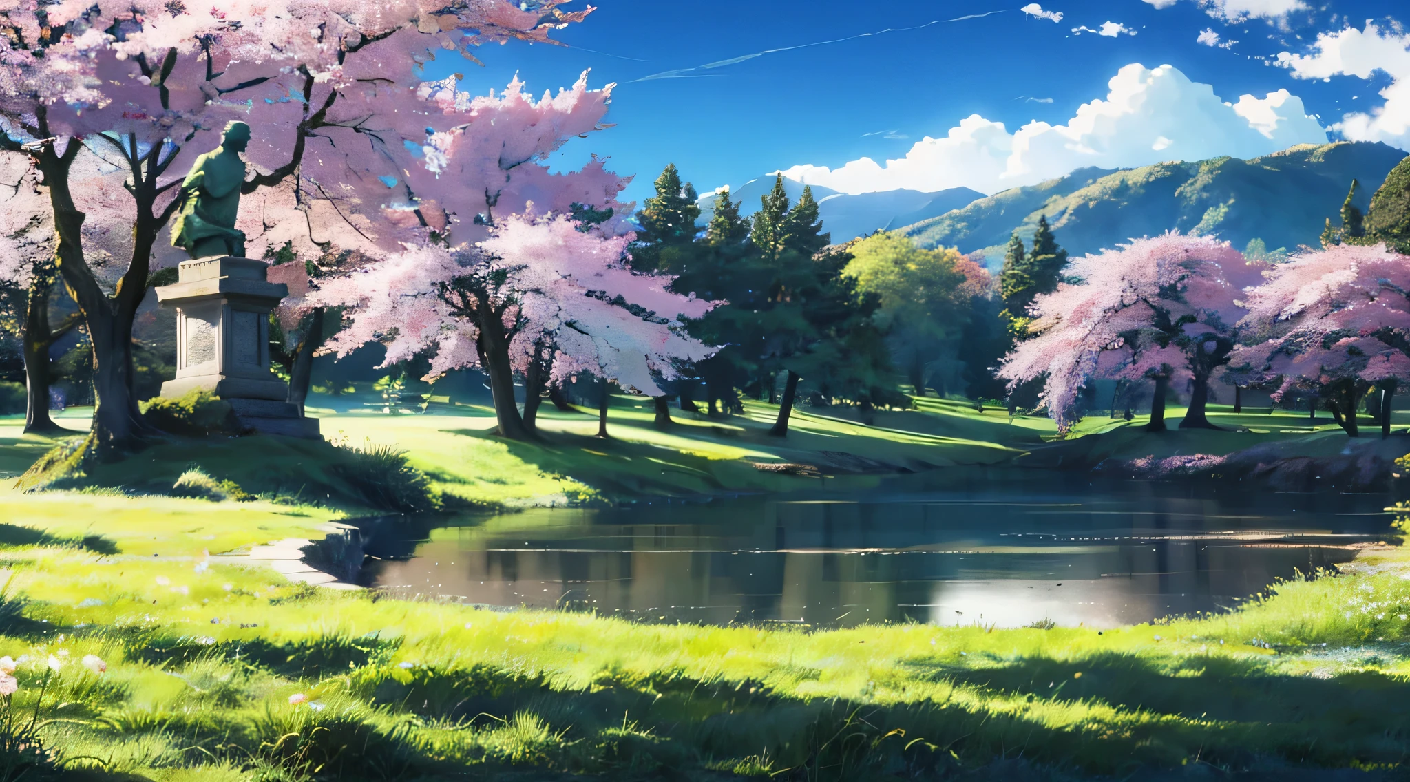 null, wide grassland, Moving visuals, colorful natural light, lake, Cherry Blossom, cloud, picture