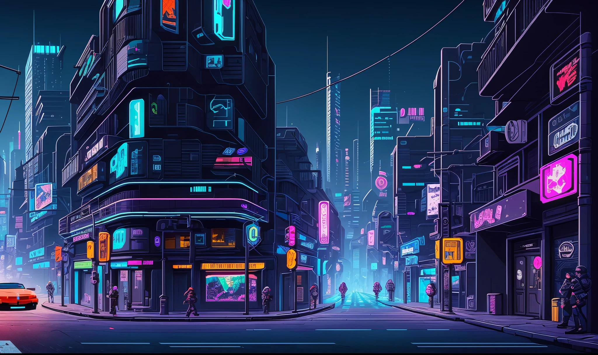 cyberpunk street, side view, 2D game style, pixel art style, cool vendors, roads and cars, (dark theme:1.5)