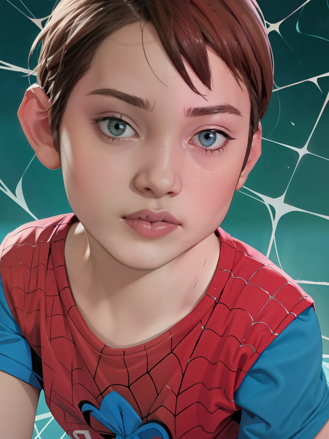 Cinematic Spider-Verse style. Comic art. TME0224 face, (((a baby boy, ***))), wearing a spider-man costume. (((Comic Spider-web background))). cinematic lighting, drop shadow, masterpiece, UHD, anatomically correct, textured skin, super detail, high details, high quality, best quality, 4K