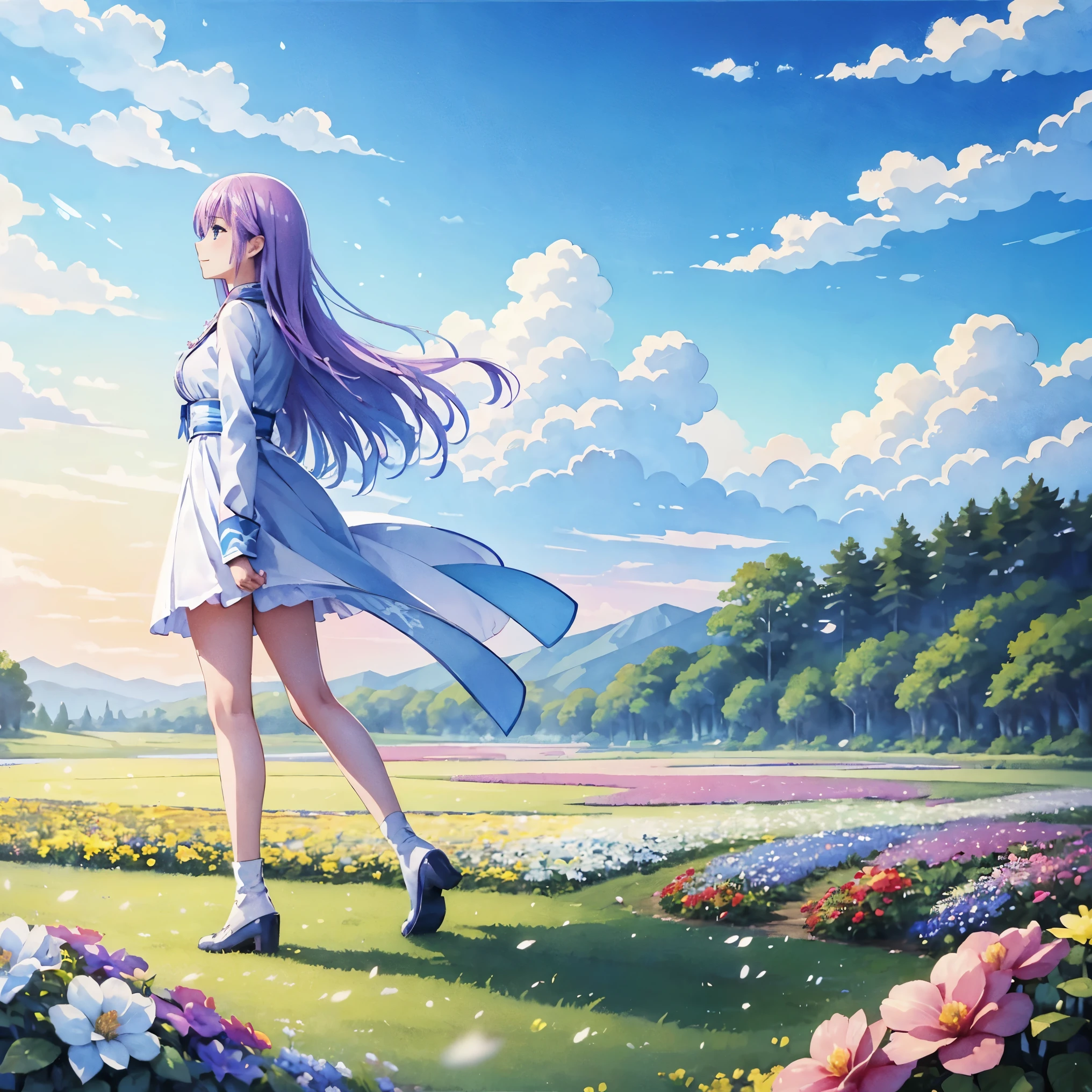 (High resolution、super detailed、nffsw、movie)、solo、1 girl、happiness、Girl Standing In Cosmos Flower Garden、Girl around the petals、charming smile、Full body Esbian、light blueの髪、facing the front、fantasy、official art、pop art、profile、highly detailed face、highly detailed eyes、Cosmos Flower Garden、Ultra Detailed Fields、White blue sky、 light blue、blanche、nebula in the sky、autumn leaves scenery、watercolor painting、pastel colour