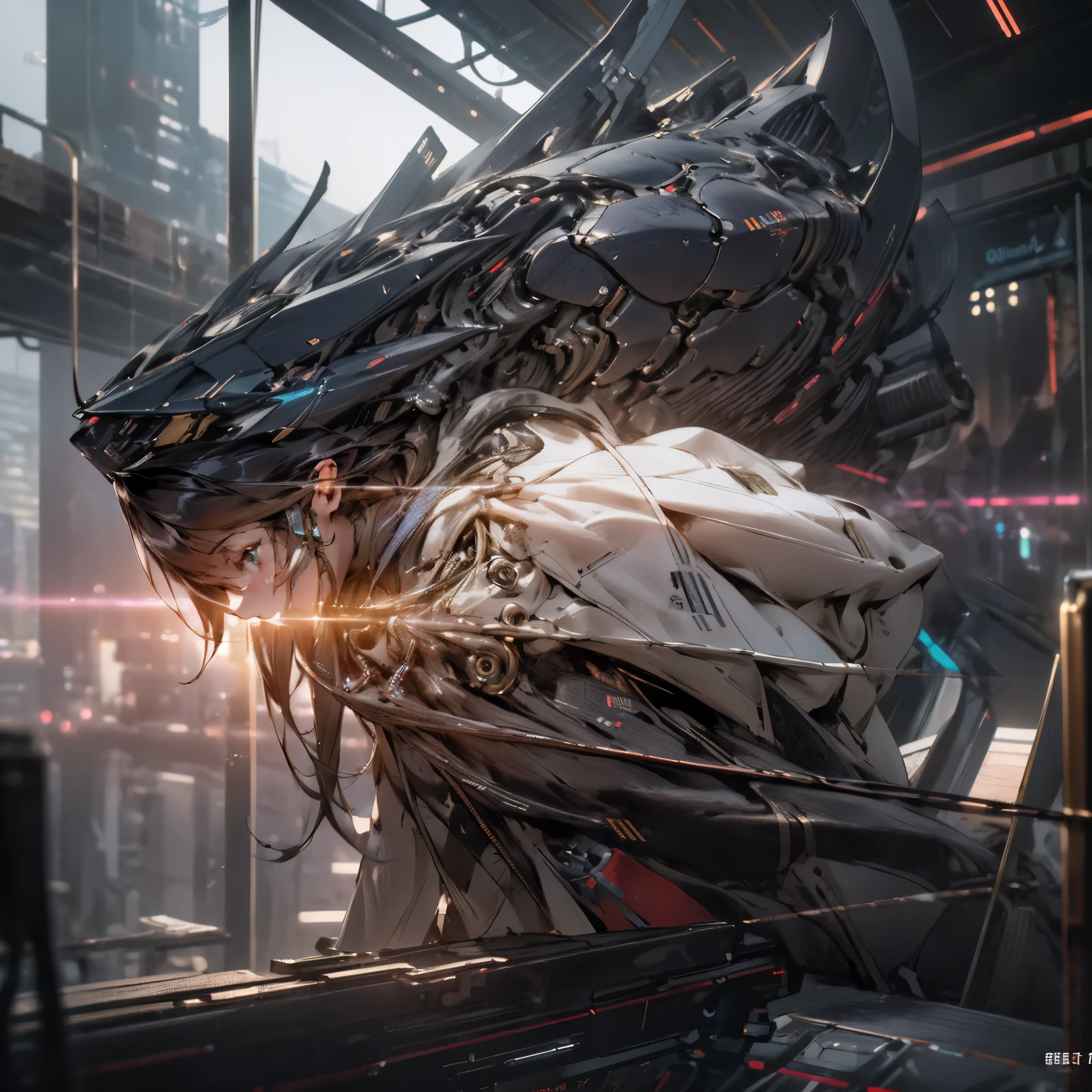 table top, 最high quality, high quality, (futuristic:1.1), (cyberpunk clothes), cinematic lighting, (exquisite future), beautiful and aesthetic, super detailed, great composition, floating, depth of field of view, (Highly detailed CG, unity 8k wallpaper), (Beautiful and detailed background), beautiful hair details, dramatic lighting,  
1 girl, Mecha,