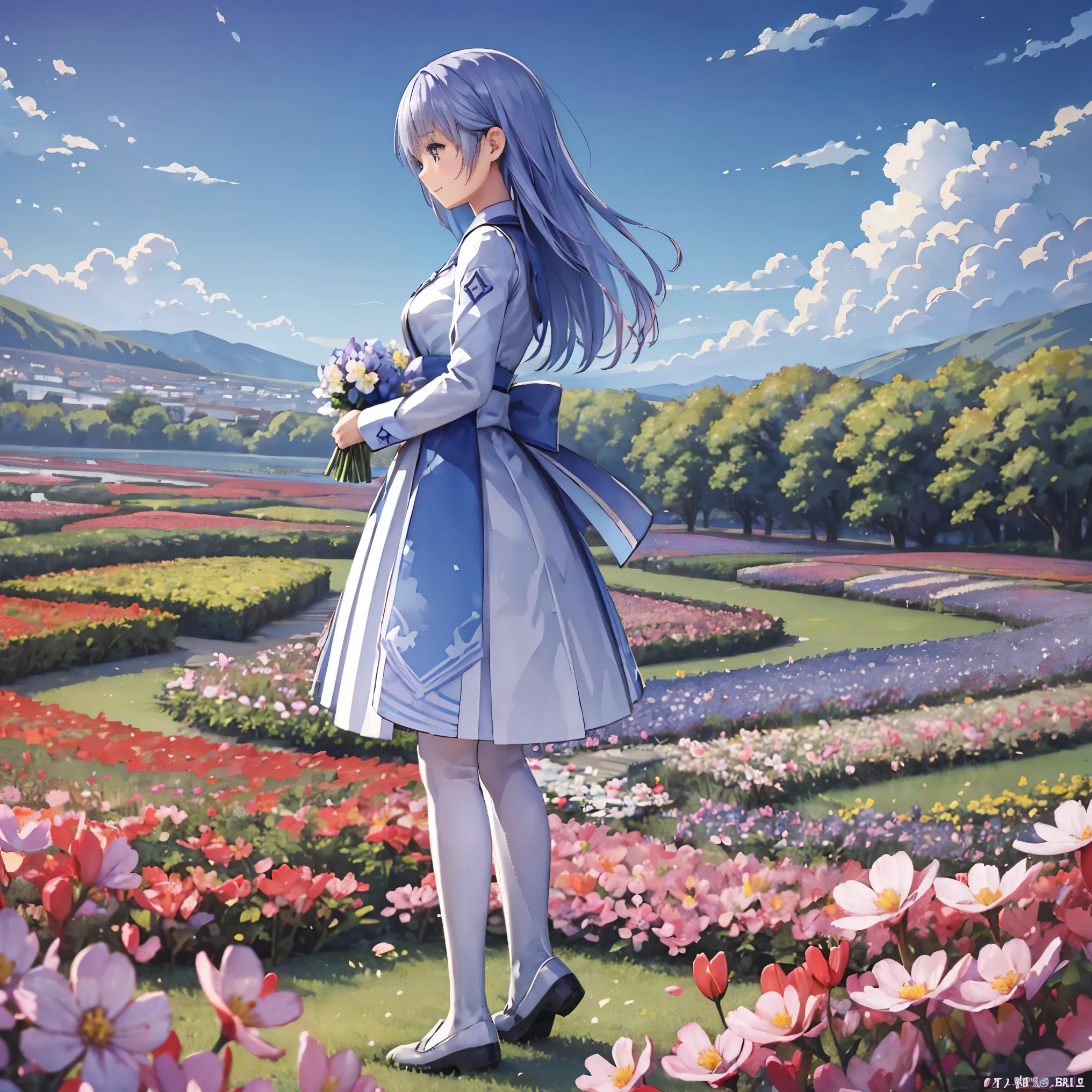 (High resolution、super detailed、nffsw、movie)、solo、1 girl、happiness、Girl Standing In Cosmos Flower Garden、Girl around the petals、charming smile、Full body Esbian、light blueの髪、facing the front、fantasy、official art、pop art、profile、highly detailed face、highly detailed eyes、Cosmos Flower Garden、Ultra Detailed Fields、White blue sky、 light blue、blanche、nebula in the sky、autumn leaves scenery、watercolor painting、pastel colour