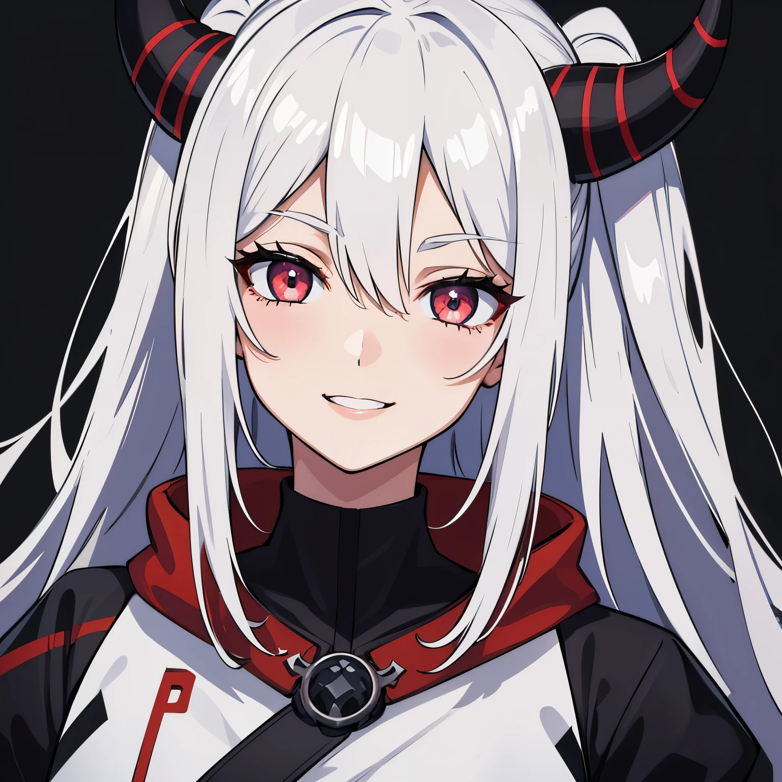 1girl, Allein, upper body,
Dunkelblaue Haare,sehr lange Haare, Rust-colored horns Red-colored eyes, lange Wimpern, dicke Wimpern, Blick auf den Betrachter,
Smile,
Schwarzes Hemd,
White background, einfacher Hintergrund,
