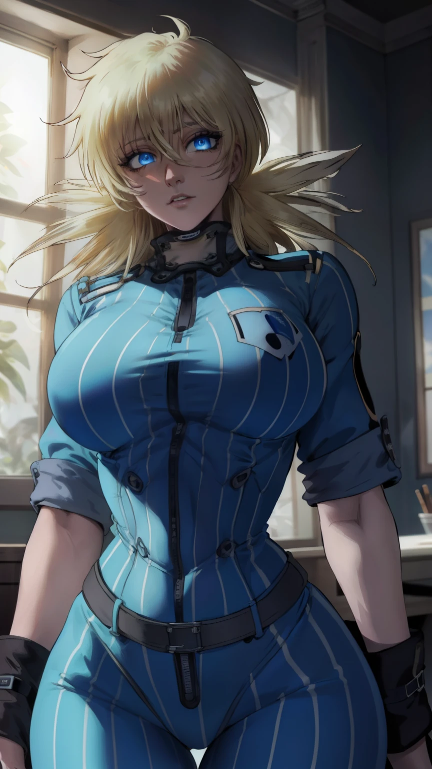 (masterpiece, highest quality, best quality, official art, beautiful and aesthetic: 1.2), (1girl), extremely detailed, (fractal art: 1.3), colorful, highest detailed, perfect face, upper body, HDR, ), vivid visual effects, (dynamic stripes, luminous traces: 1.2), long blonde hair, hellsing, integra, breast focus, breasts, large breasts, bare breasts, naked, nude, boob window, sexy, wide hips, thicc figure, Detailed blue eyes, Detailed face, Detailed eyes, BLACKED, BLACKED UNDERWEAR, BLACKED PORNO