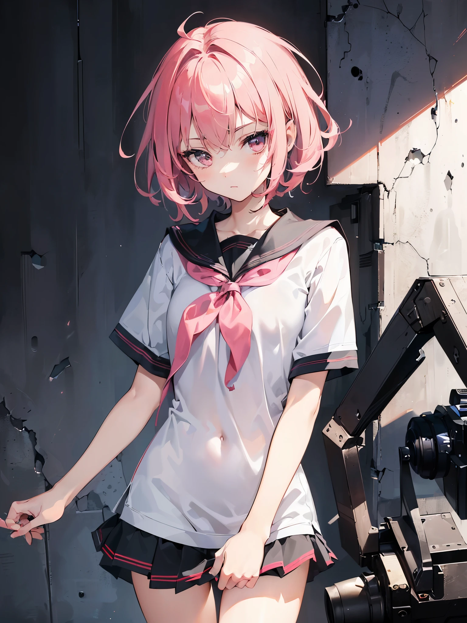 (8k, best quality, masterpiece:1.2),\(Eye details\),\(facial features details\),(\(clothing details details\)\),Excellent human anatomy,dynamic,full body,(flat chest:1.1),(facial focus) ,Very detailed CG unity 8K wallpaper,Huge file size,Super detailed,a high resolution,absurd,beautiful eyes,Ray tracing,dramatic shadows,fine details,dramatic angle,superdetailing,(1 girl​:1.3),(Solo),pink hair,messy hair,short hair,black eyes,(thin and aweakless body:1.4),(school uniform:1.3),(shy child:1.2),bow your head,blush,(Hands on human upper body，legs in lower body of human(Humans have only two arms;Humans also have only two legs:1.3)),(Left hand holding right arm:1.25)