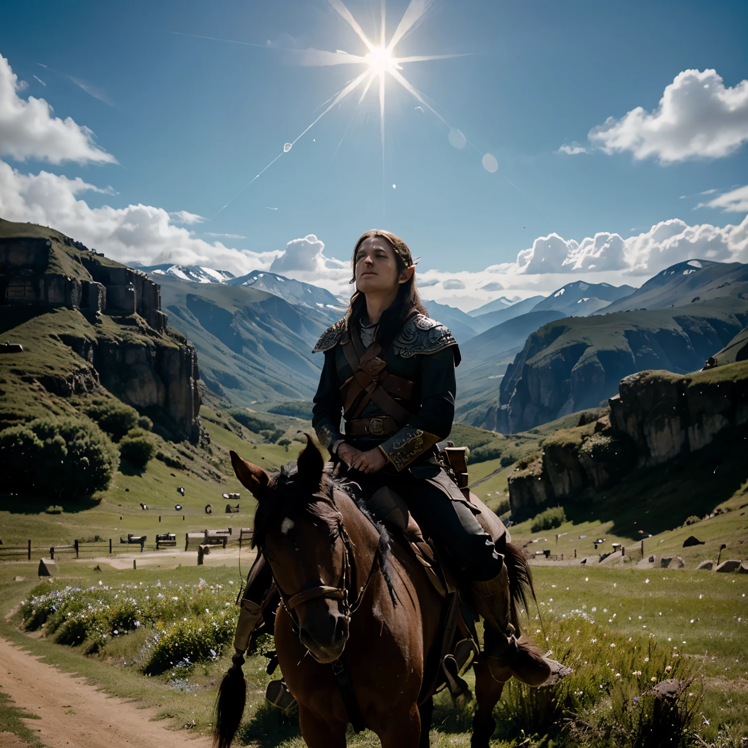 Legend of zelda, riding black horse, looking up, sun bright, middle of the ancient war, dragons on the blue sky, witches army