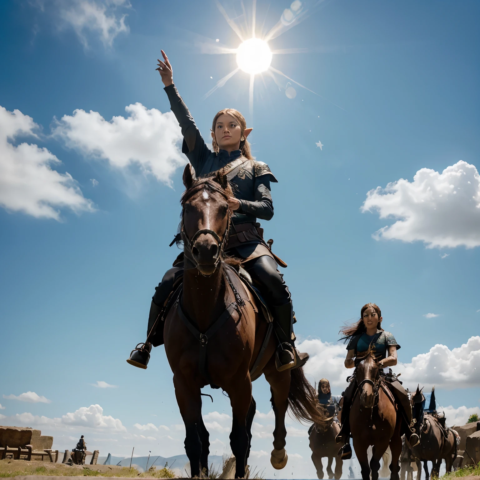 Legend of zelda, riding black horse, looking up, sun bright, middle of the ancient war, dragons on the blue sky, witches army