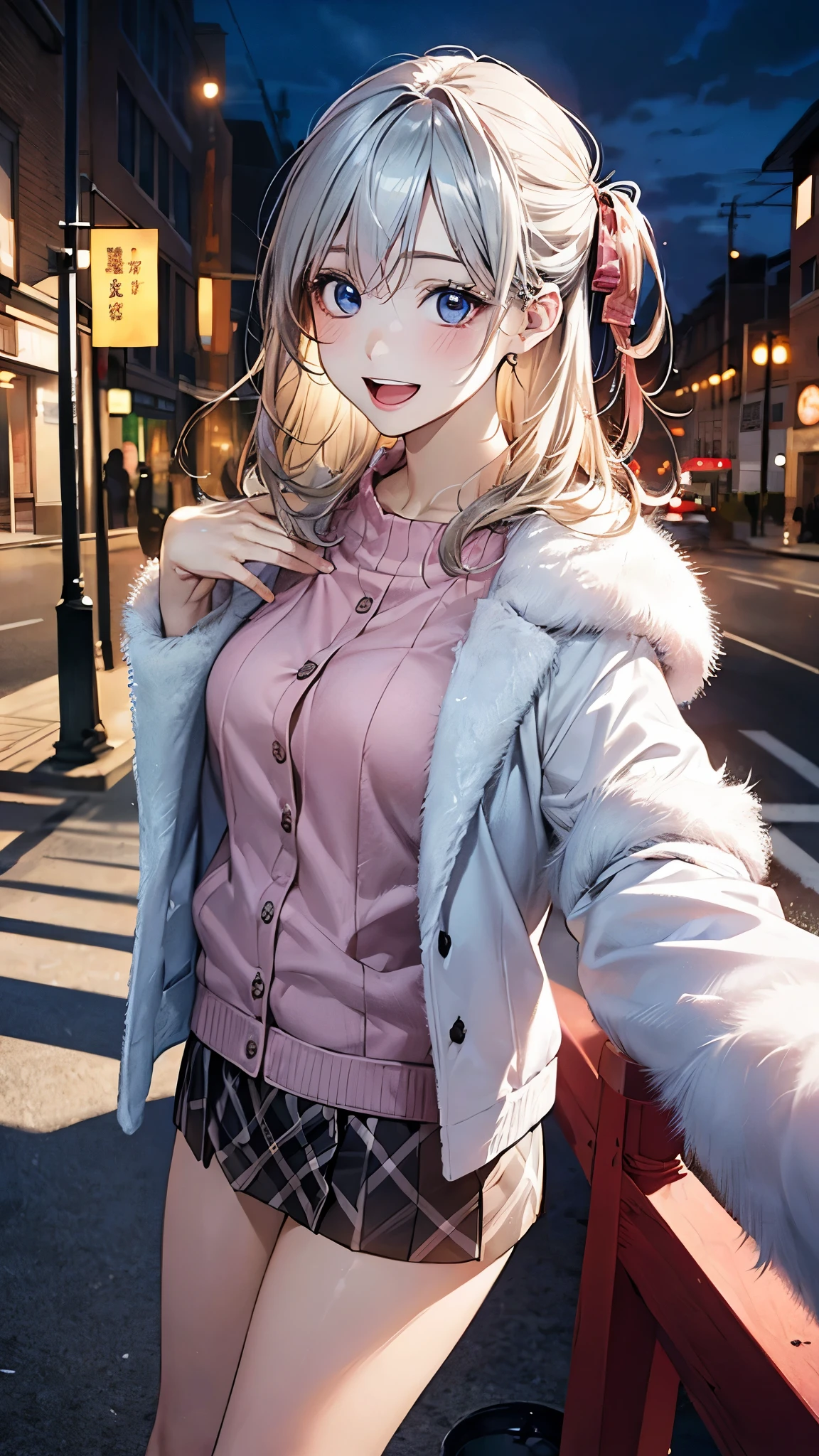 (masterpiece:1.2, top-quality), (realistic, photorealistic:1.4), beautiful illustration, (natural side lighting, movie lighting), nsfw, 
looking at viewer, 1 girl, japanese, high school girl, perfect face, cute and symmetrical face, shiny skin, 
(middle hair:1.5, (two side up:1.2), silver hair), hair between eyes, big eyes, blue eyes, long eye lasher, (medium breasts), slender, dark red hair ribbon, 
beautiful hair, beautiful face, beautiful detailed eyes, beautiful clavicle, beautiful body, beautiful chest, beautiful thigh, beautiful legs, beautiful fingers, 
((white fur jacket, pink sweater, burberry check mini skirt)), 
(beautiful scenery), evening, (street), standing, outstretched arms, (lovely smile, open mouth), 