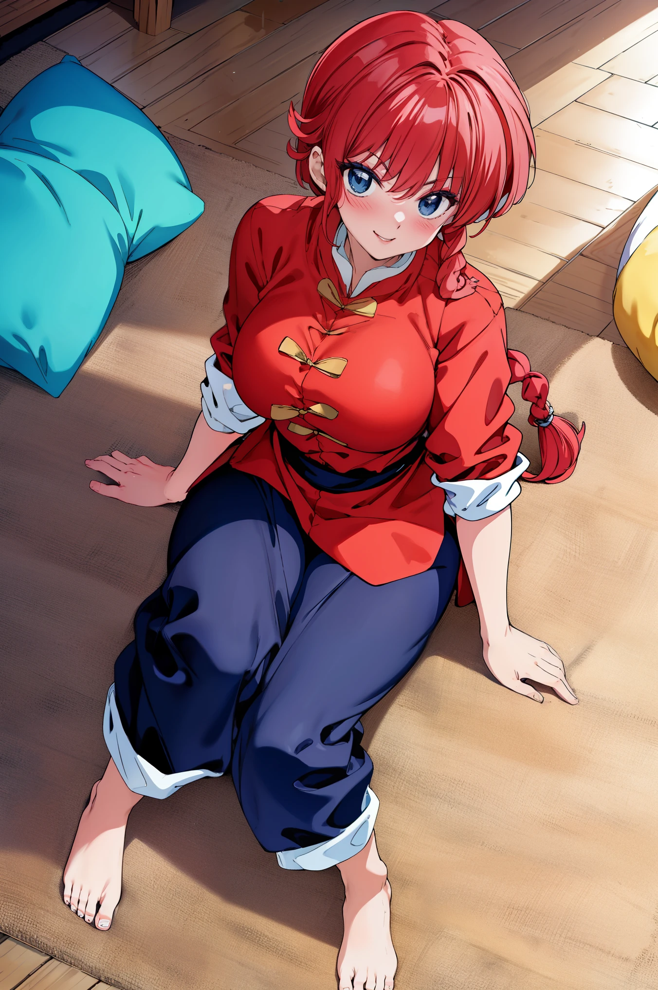 master piece, best quality, 8k, ultra high resolution, highest quality, anime style, best writing, beautiful face, Ranma-chan、Sit on a cushion, put your hand between your legs、girl sitting, solo、blush, best smile, single braid、ranma red shirt、black pants, take off shoes, barefoot, indoor, inside the room, masterpiece、details face、Details、high resolution、Face up, From above, Peel the top