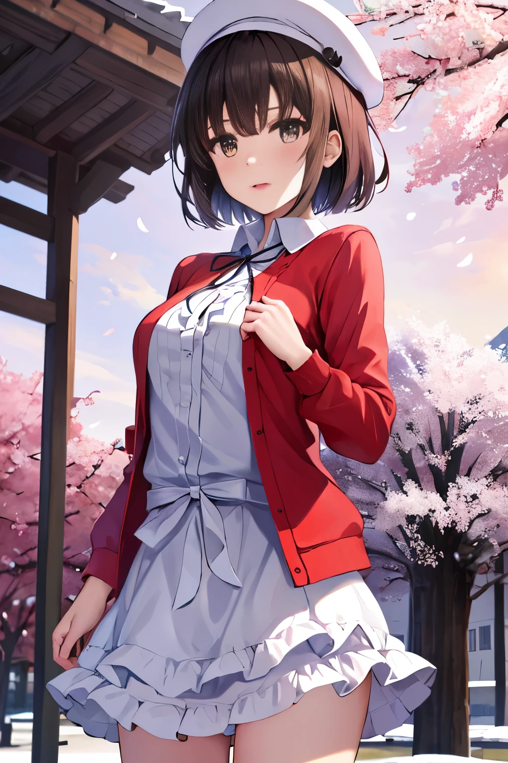 masterpiece, highest quality, High resolution, hmhy1, short hair, white hat, beret, red cardigan, white dress, frills, ribbon, long sleeve, open clothes, medium breasts, cowboy shot, Are standing, cherry blossoms, outdoors