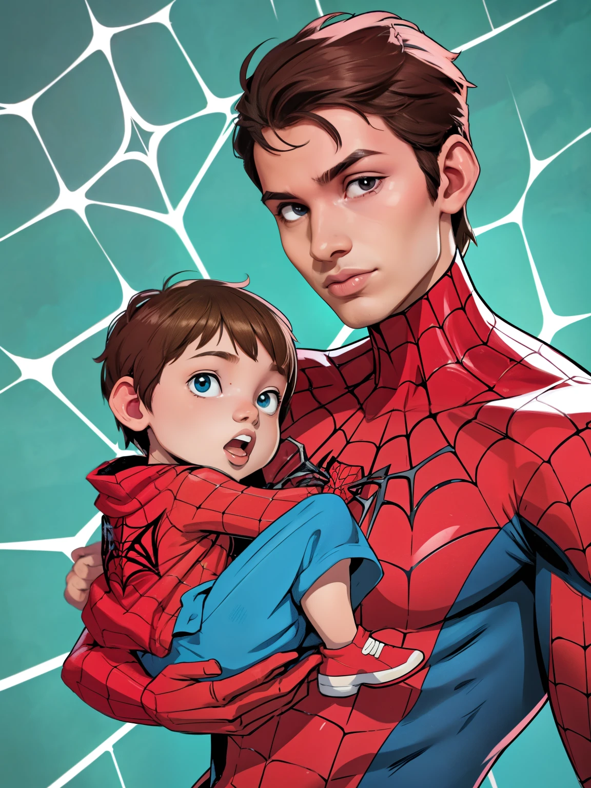 Cinematic Spider-Verse style. Comic art. TME0224 face, (((a baby boy, ***))), wearing a spider-man costume. (((Comic Spider-web background))). cinematic lighting, drop shadow, masterpiece, UHD, anatomically correct, textured skin, super detail, high details, high quality, best quality, 4K