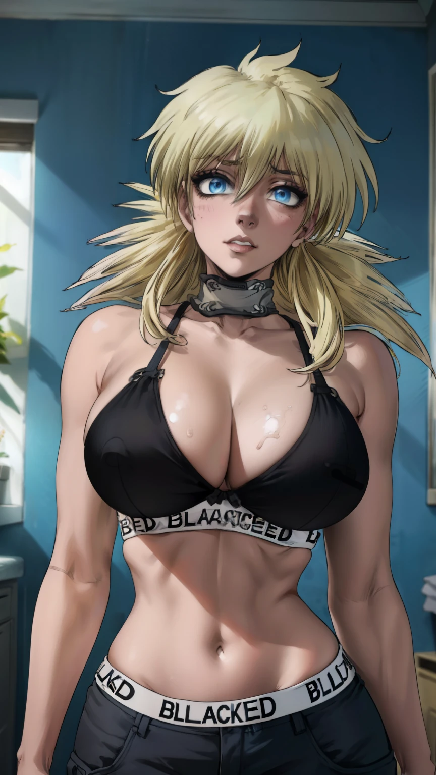 (masterpiece, highest quality, best quality, official art, beautiful and aesthetic: 1.2), (1girl), extremely detailed, (fractal art: 1.3), colorful, highest detailed, perfect face, upper body, HDR, ), vivid visual effects, (dynamic stripes, luminous traces: 1.2), long blonde hair, hellsing, integra, breast focus, breasts, large breasts, bare breasts, naked, nude, boob window, sexy, wide hips, thicc figure, Detailed blue eyes, Detailed face, Detailed eyes, BLACKED, BLACKED UNDERWEAR, BLACKED PORNO