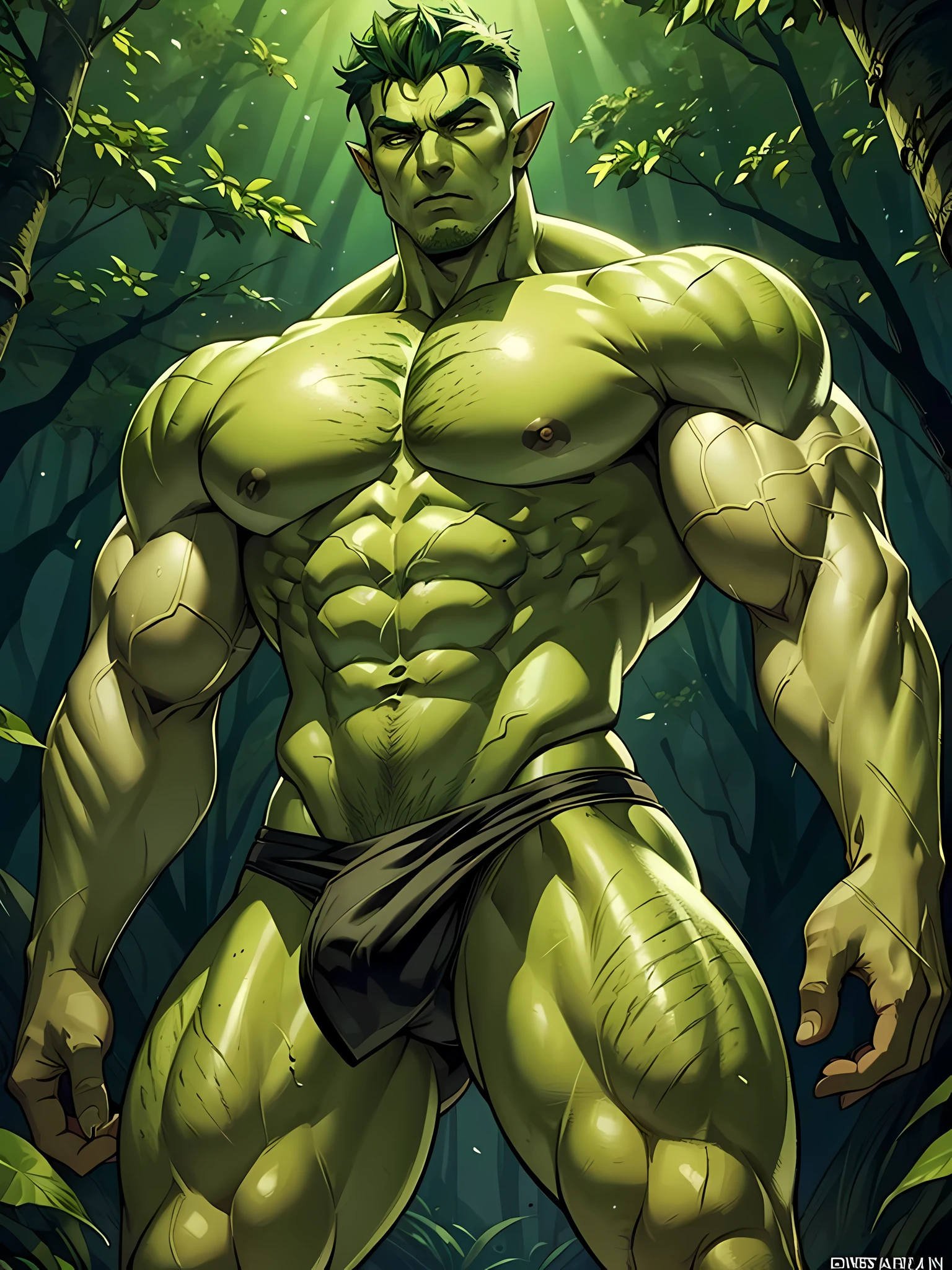 (((intricate design))) (((Top quality))) (((16K))) (((High Definition))) 16K splash art, photorealistic, high-res, ultra sharp, ((masterpiece)), the best quality, expressive eyes, perfect face, Super eyes, perfectly detailed anatomy (((Volumetric lighting))) (((cinematic lights))) (((1Male))) (((Bodybuilder))), (((muscular))), ((viewed from below))) ((bara)), there is an sexy mature man with green paint on his body, shaved sides hairstyle, thighs, ((in a dead forest)), green coloured skin, green skin! (((green coloured skin!!))), (((green skin))). Intricate, (((green-skinned))), ((green skin with scales)), ((green skin)), grey stubble, windy, (exploring the forest), (((greenish skin)))), plantation on the male body, vines, leaves falling, a garden deity, elf ears, eldritch magic, cell-shaded adult animation, hot reptile muscular humanoid man, muscular green body. Bright hazel eyes, leaf clothing