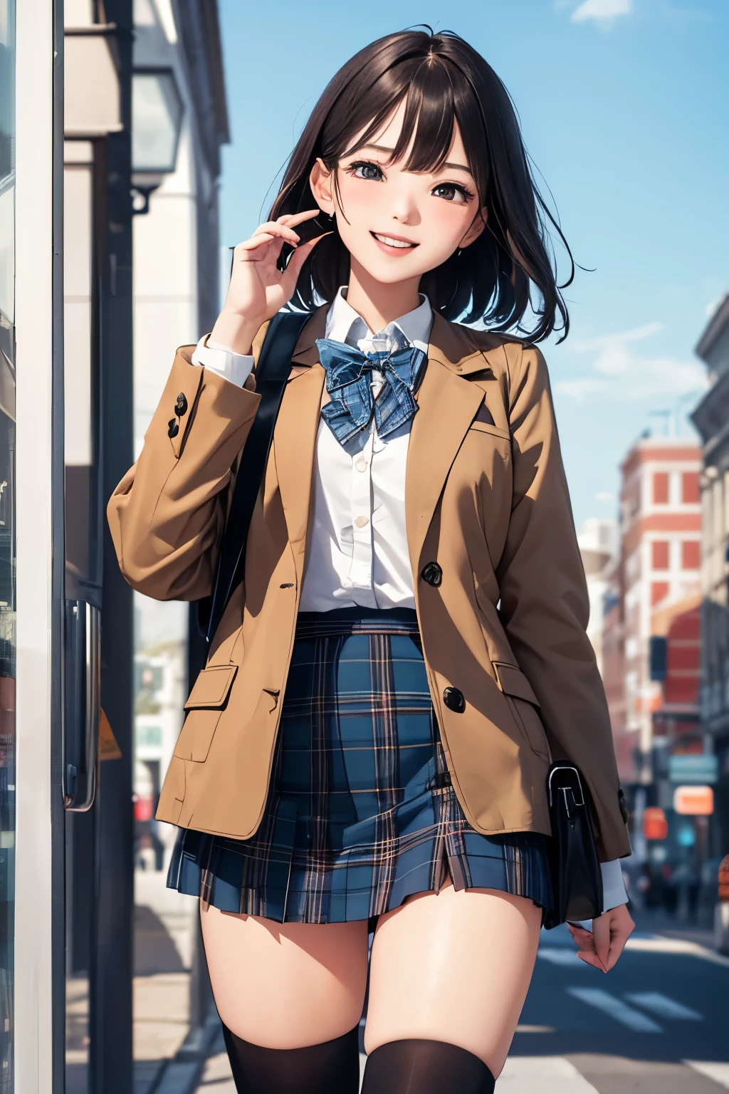 very cute and beautiful girl,(highly detailed beautiful face and eyes),laugh,happy,cowboy shot,
(brown jacket:1.2),collared shirt,plaid bowtie BREAK detailed legs,zettai ryouiki,brown shoulder bag,
stylish pose,hair pin,black hair,(blue plaid mini skirt:1.2),downtown street,city square,book store show window,
(best quality,masterpiece:1.2),absurdres,highres,ultra-detailed,extremely detailed,32k,8k resolution,
intricate details,cinematic scene,detailed background,solo,dynamic angle,
hair fluttering in the wind,beautiful detailed sky,